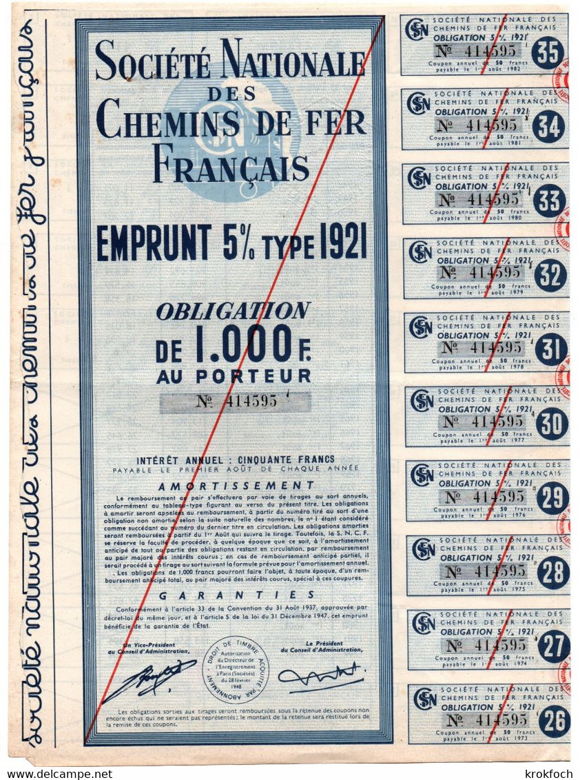 SNCF Obligation Emprunt 1947 - 1000 F & 5000 F - Complet Avec Tous Les Coupons - Train Zug Railway - S - V