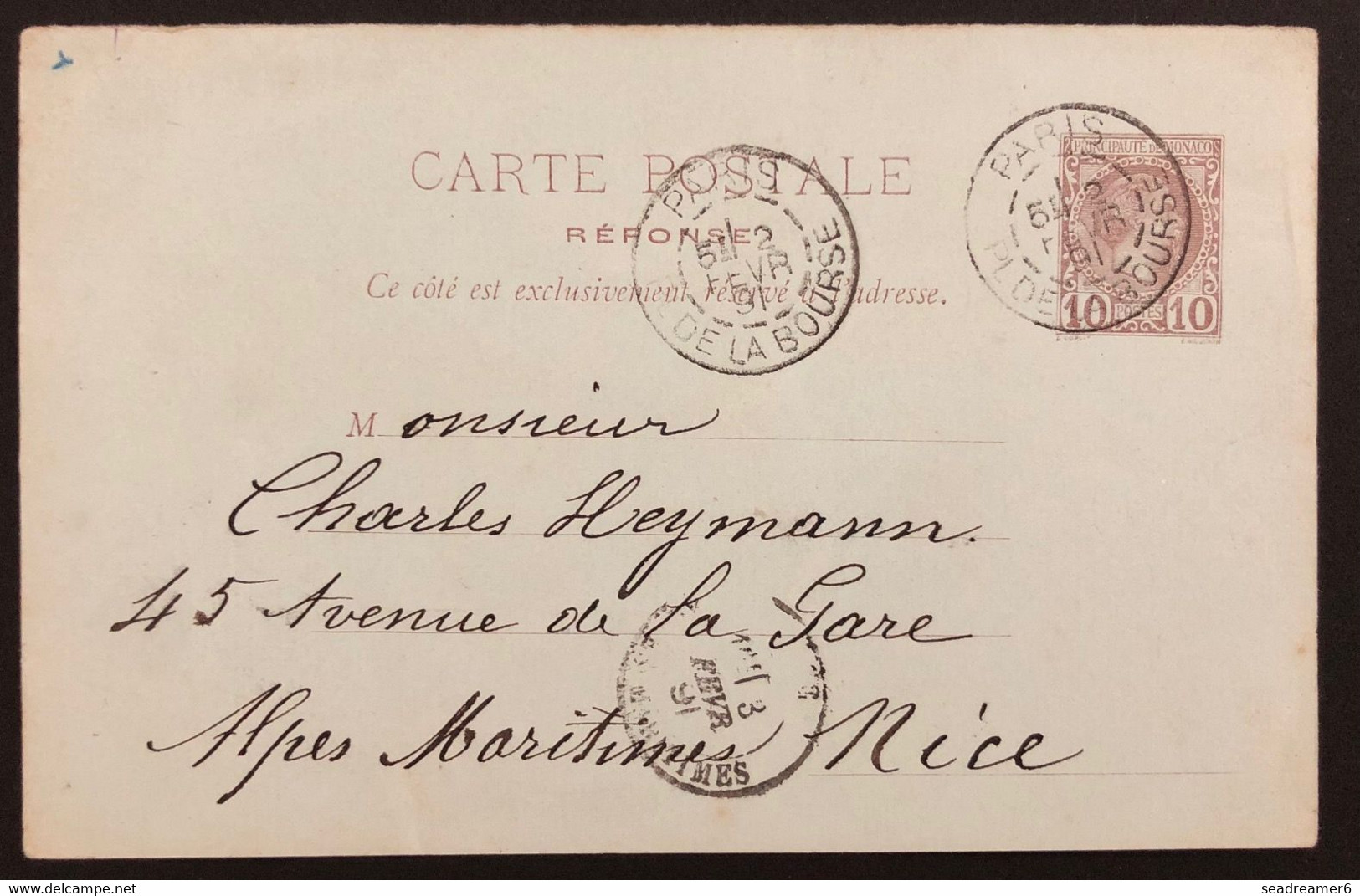 Monaco Entier Carte Réponse 10c Brun Charles III Utilsé à Paris !! Dateur Place De La Bourse Pour Nice !! TTB Et RR - Entiers Postaux