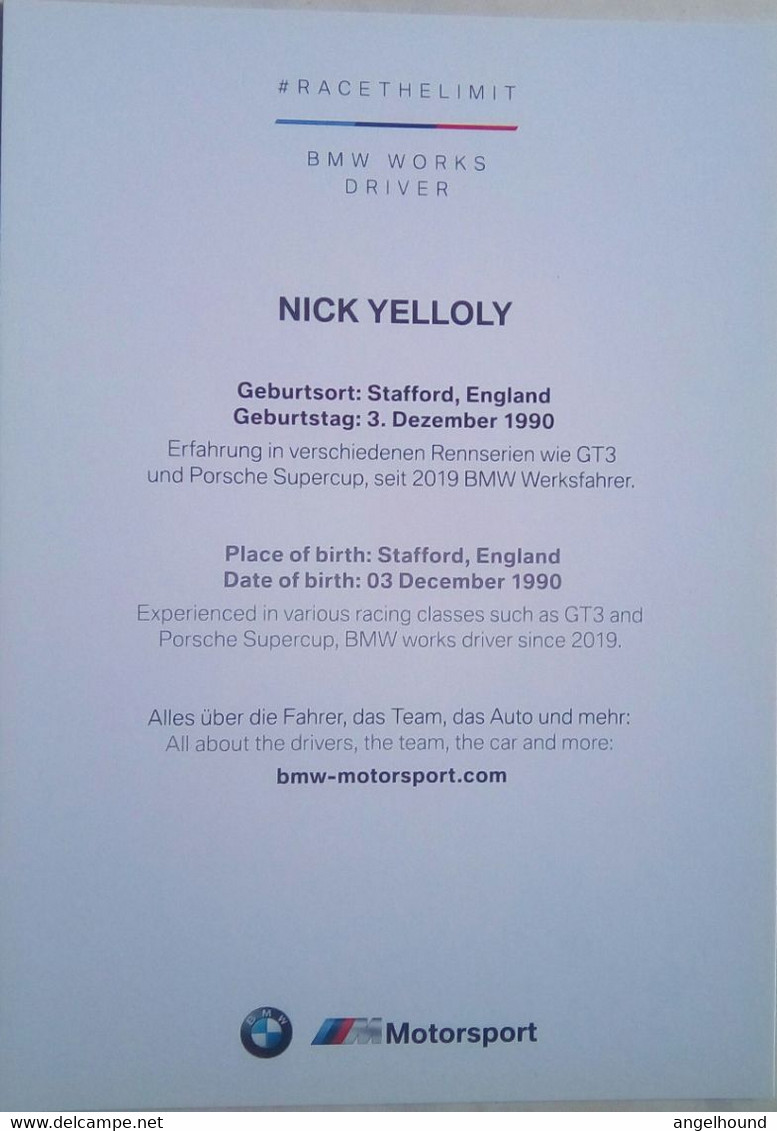 Nick Yelloly ( BMW Motorsports Driver) - Tarjetas