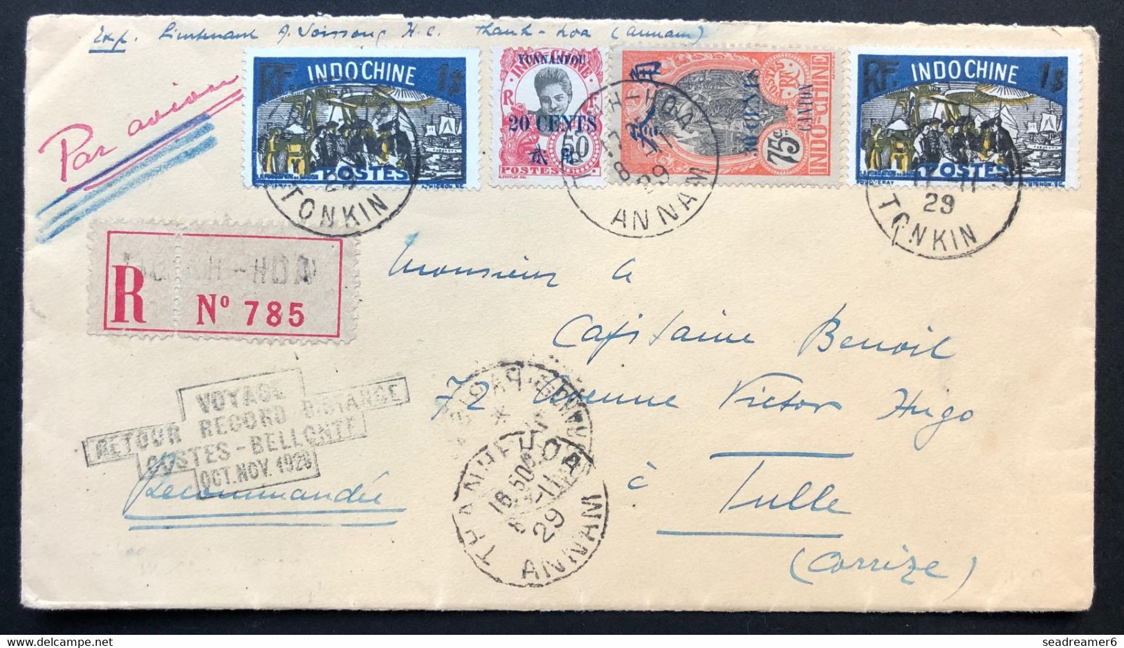 Lettre Recommandé Costes Et Bellonte D'indochine N°84, 85 & 145 X2 Oblitérés "Thanh-Hoa/Annam" Pour Tulle France - Enteros  Postales