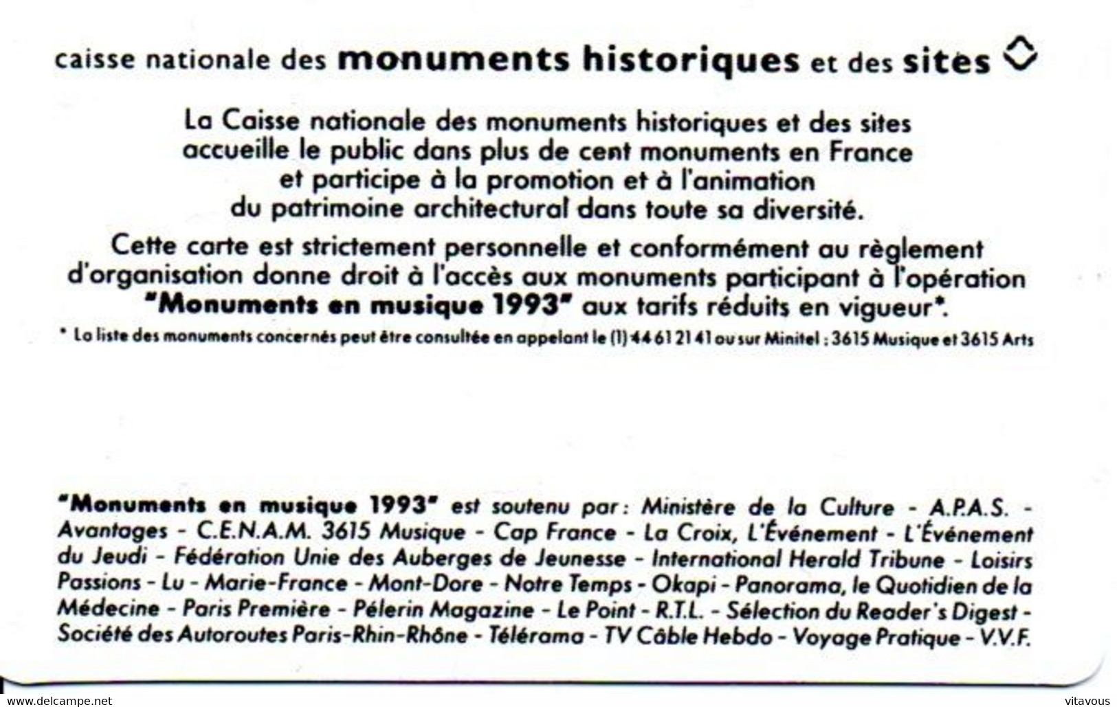 Carte Des Monuments Historique En Musique 1993  (salon 102) - Andere & Zonder Classificatie