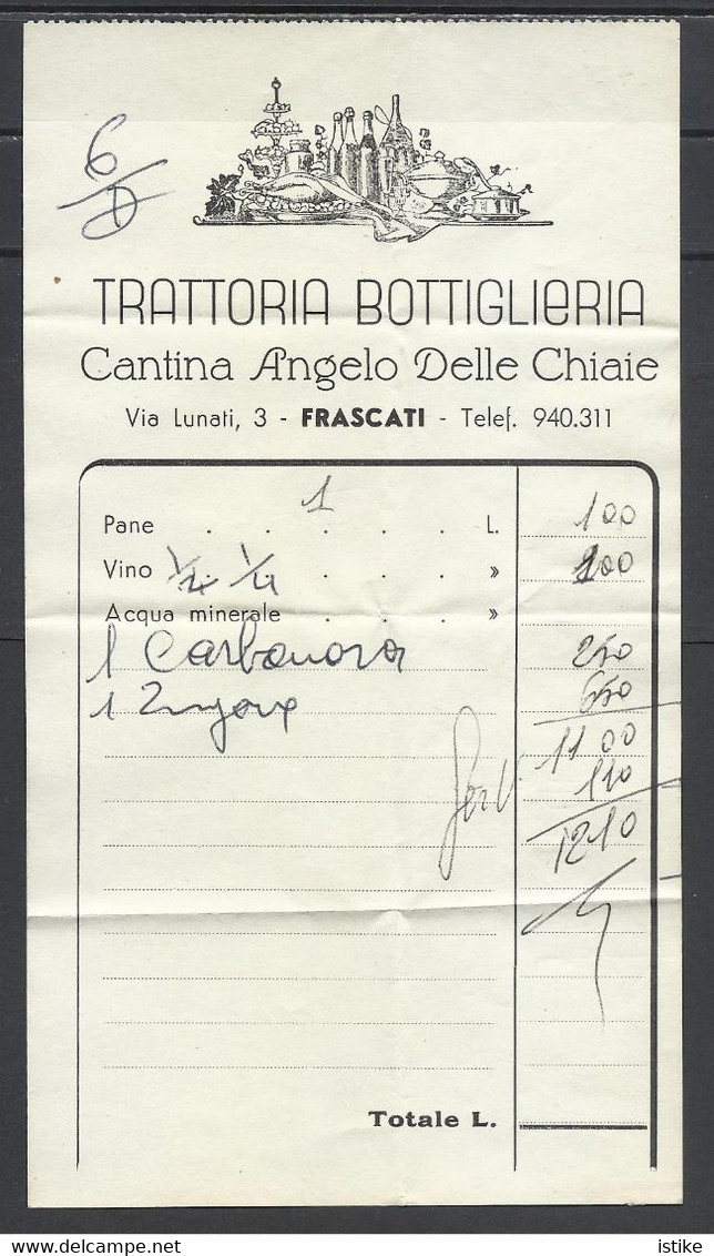 Itally. Frascati, Bill Of The Trattoria Bottigliera Cantina Angelo Delle Chiaie. '60s. - Italia