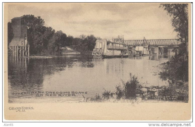 Grand Forks ND North Dakota, Government Dredging Boats On Red River, C1900s Vintage Postcard - Grand Forks