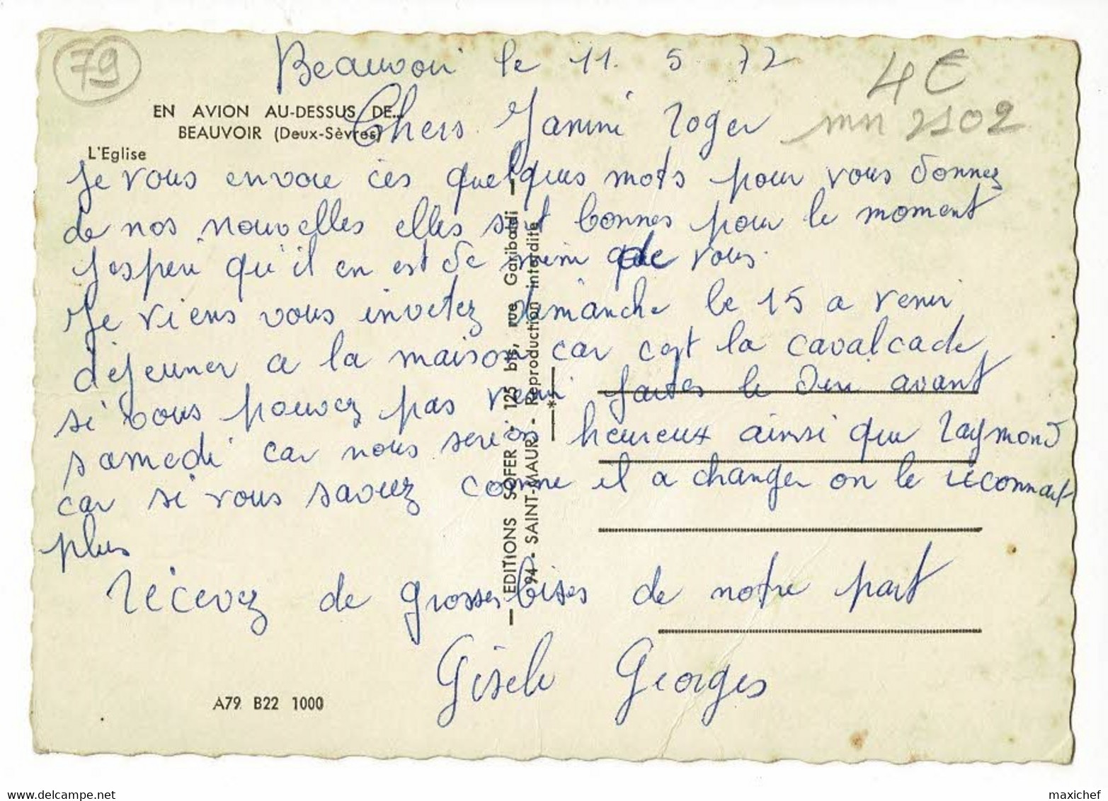 En Avion Au-dessus De Beauvoir - L'Eglise (cimetière Les Fossoyeurs Sont Au Travail) - Circulé 1972, Sous Enveloppe - Beauvoir Sur Niort