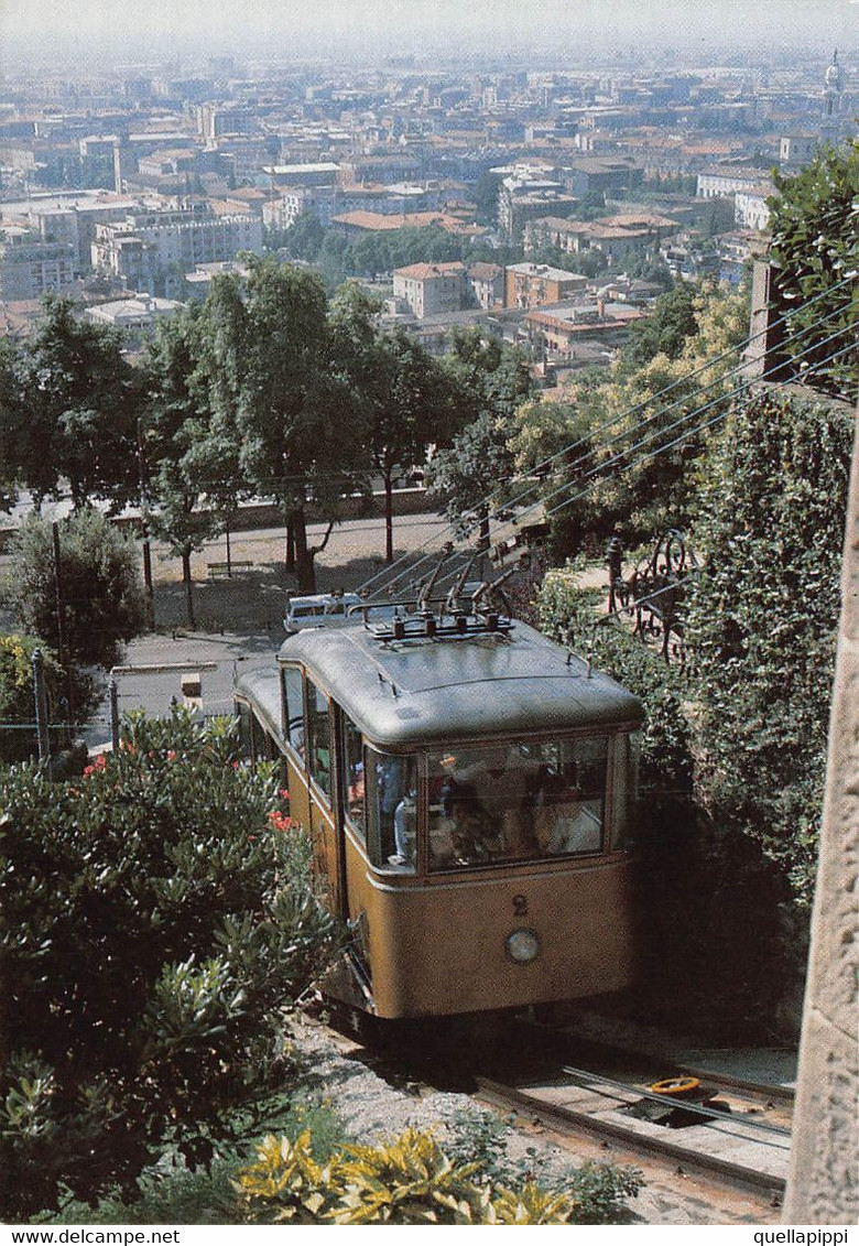 012612 "FUNICOLARE DI BERGAMO-CABINA 2 IN ARRIVO A MONTE E PANORAMA CITTA' - 1986"  CART NON SPED - Funiculaires