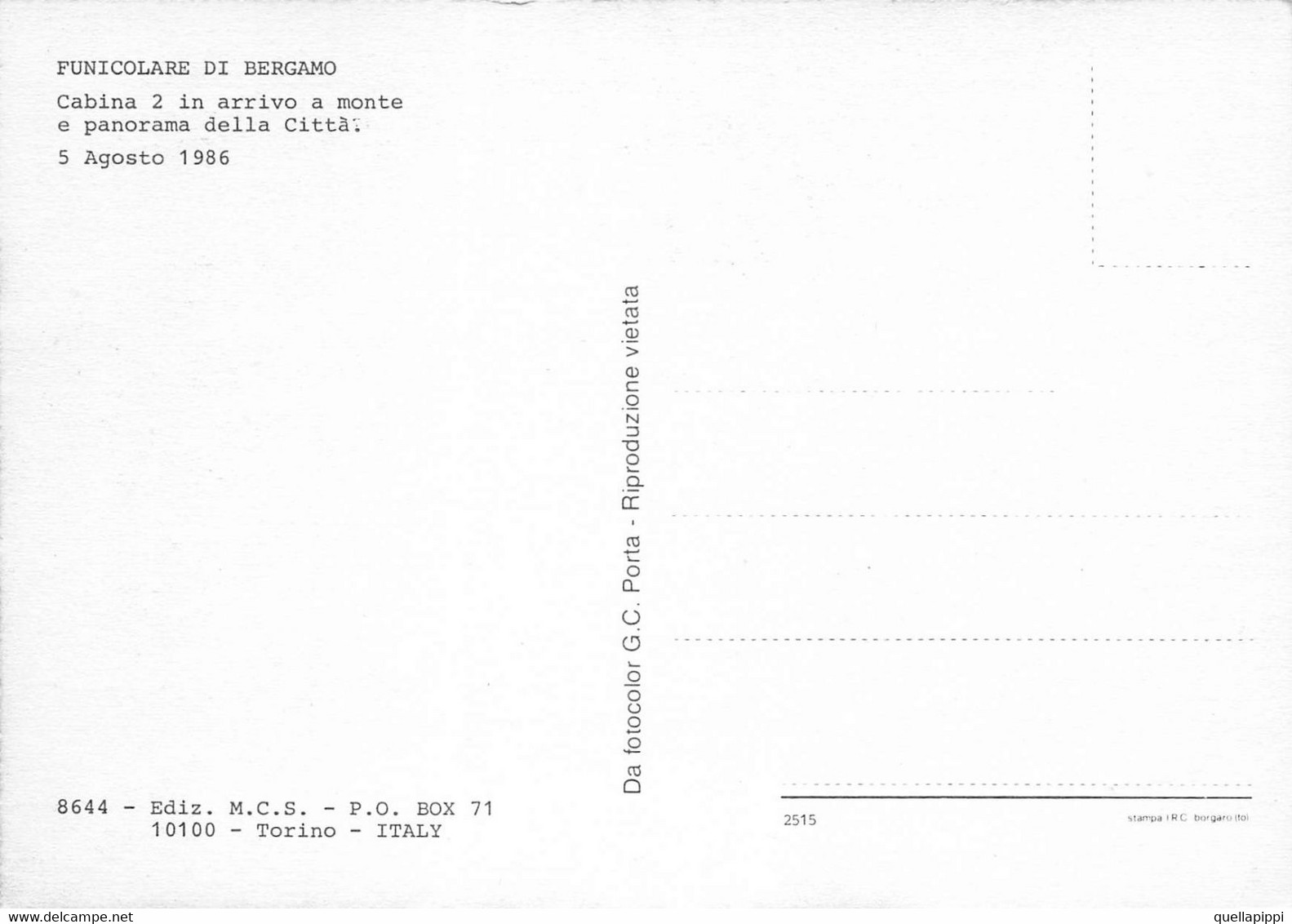 012612 "FUNICOLARE DI BERGAMO-CABINA 2 IN ARRIVO A MONTE E PANORAMA CITTA' - 1986"  CART NON SPED - Funiculaires