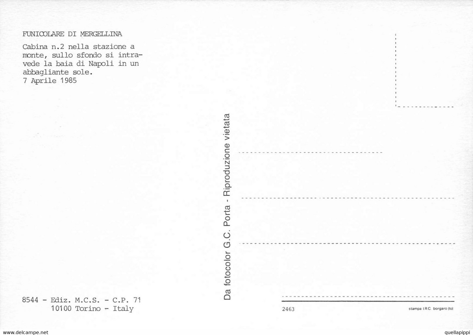 012616 "FUNICOLARE DI MERGELLINA-CABINA NR 2 NELLA STAZIONE A MONTE-SFONDO BAIA DI NAPOLI - 1985"  CART NON SPED - Kabelbanen