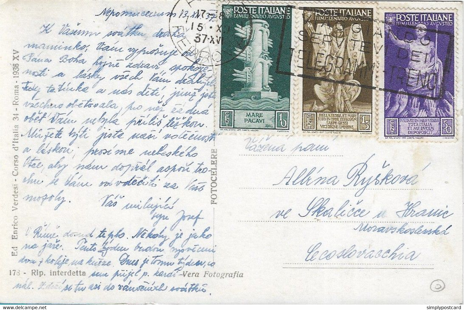 REGNO - CARTOLINA POSTALE PER LA CECOSLOVACCHIA CON AFFRANCATURA MISTA BIMILLENARIO AUGUSTO 1937 -  A66 - Storia Postale