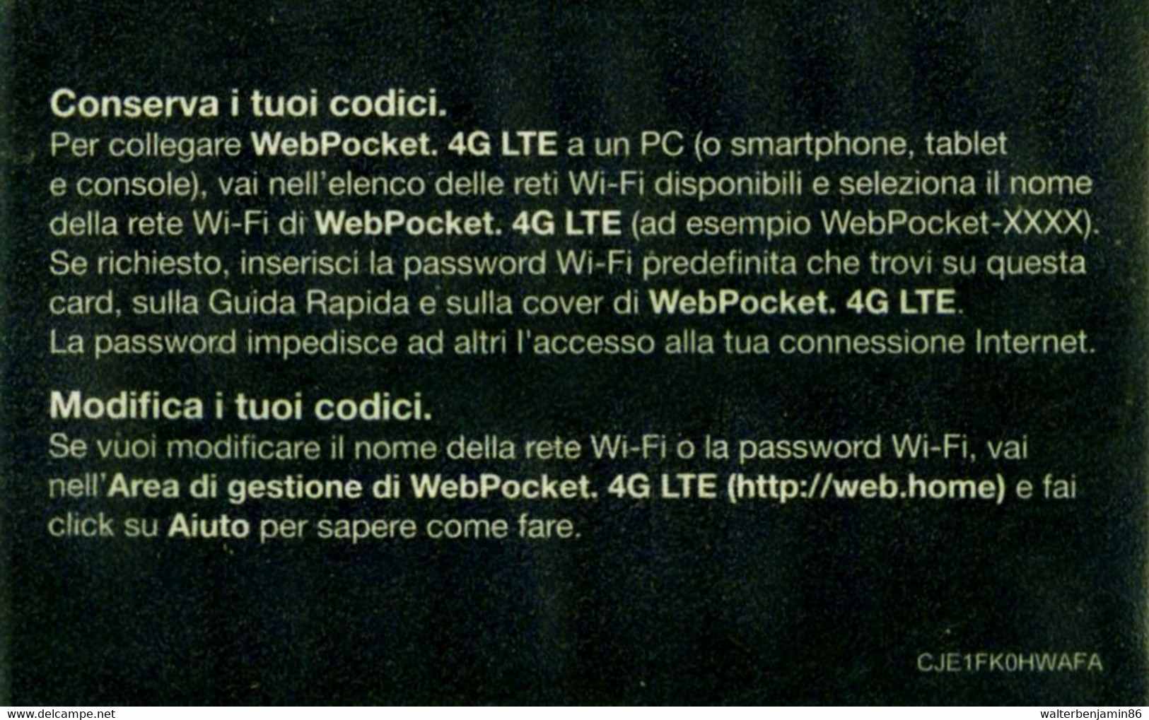 TESSERA CARTONCINO USO SPECIALE WI-FI CODICI WEB POCKET 4G LTE - SOLO COLLEZIONISMO - Tests & Servicios