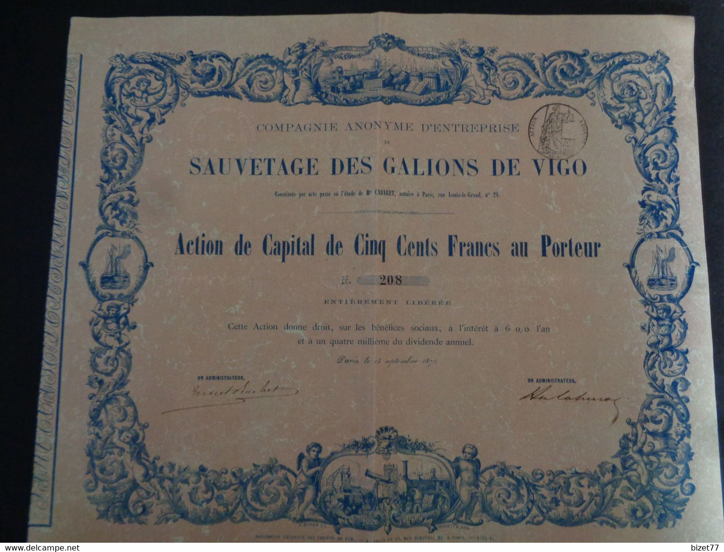 ESPAGNE - CIE D4ENTREPRISE DU SAUVETAGE DES GALLIONS DEVIGO - ACTION DE CAPITAL DE 500 FRS - PARIS 1871 - Otros & Sin Clasificación