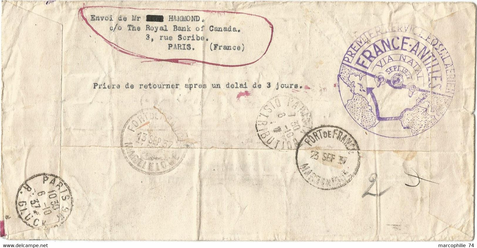 SURTAXE PASTEUR BERLIOZ + HUGO + MERMOZ +PA GRANDE LETTRE AVION REC PARIS 96 C AIR FRANCE 4.9.37 FRANCE ANTILLES MARTINI - 1960-.... Briefe & Dokumente