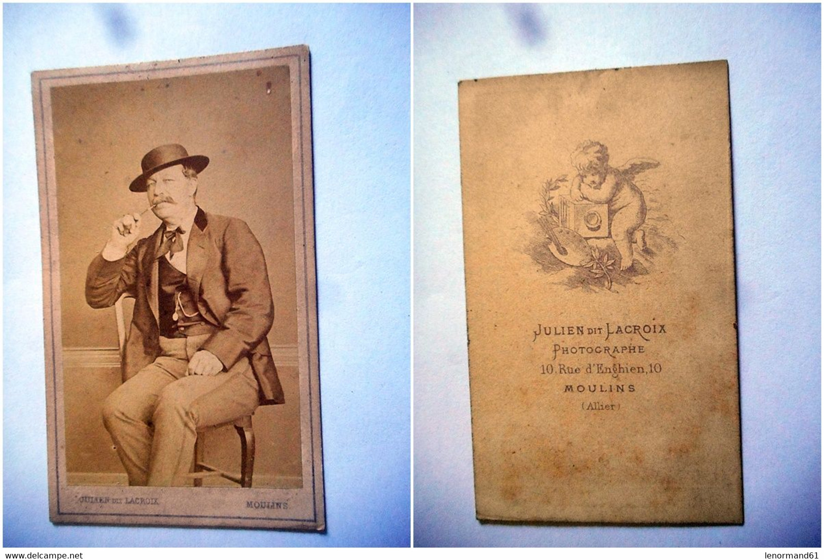 PHOTO CDV 19 EME HOMME TYPIQUE ET SA PIPE   Cabinet JULIEN DIT LACROIX A MOULINS ALLIER - Oud (voor 1900)