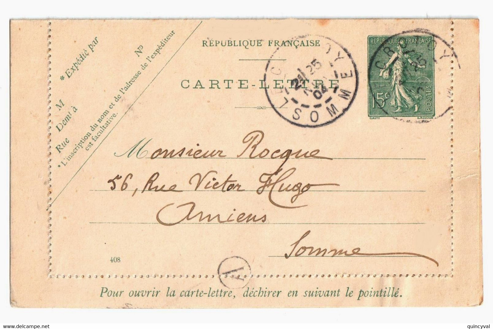 LE CROTOY Somme Carte Lettre Entier 15c Semeuse Lignée Vert Mill 408 Avec Bordure Sto B2 Bte Rurale A Ob 1904 Yv 130 CL1 - Cartes-lettres