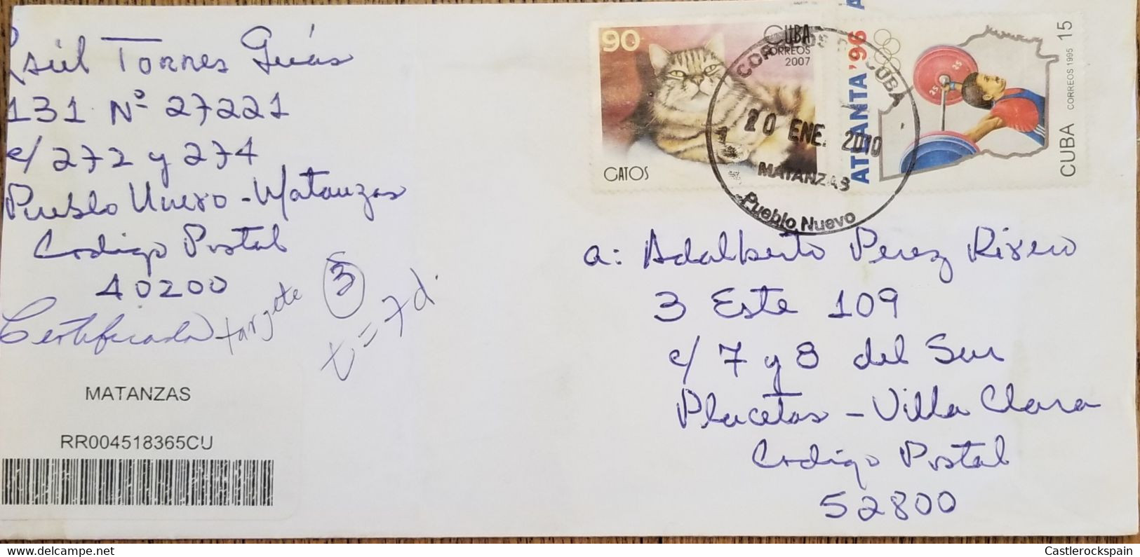 O) 2010 CUBA, CARIBBEAN, CAT, 1996 SUMMER OLYMPICS ATLANTA WEIGHT LITTING, CIRCULATED TO VILLA CLARA - Briefe U. Dokumente