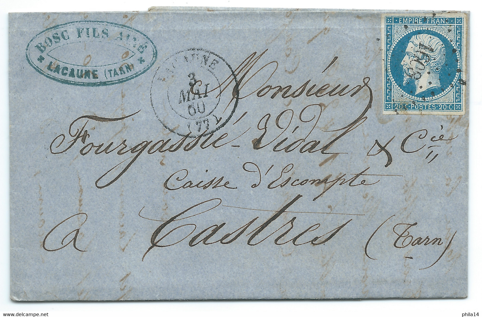 N° 14 BLEU NAPOLEON SUR LETTRE / LACAUNE POUR CASTRES / 3 MAI 1860 / PC 1608 IND 6 - 1849-1876: Période Classique