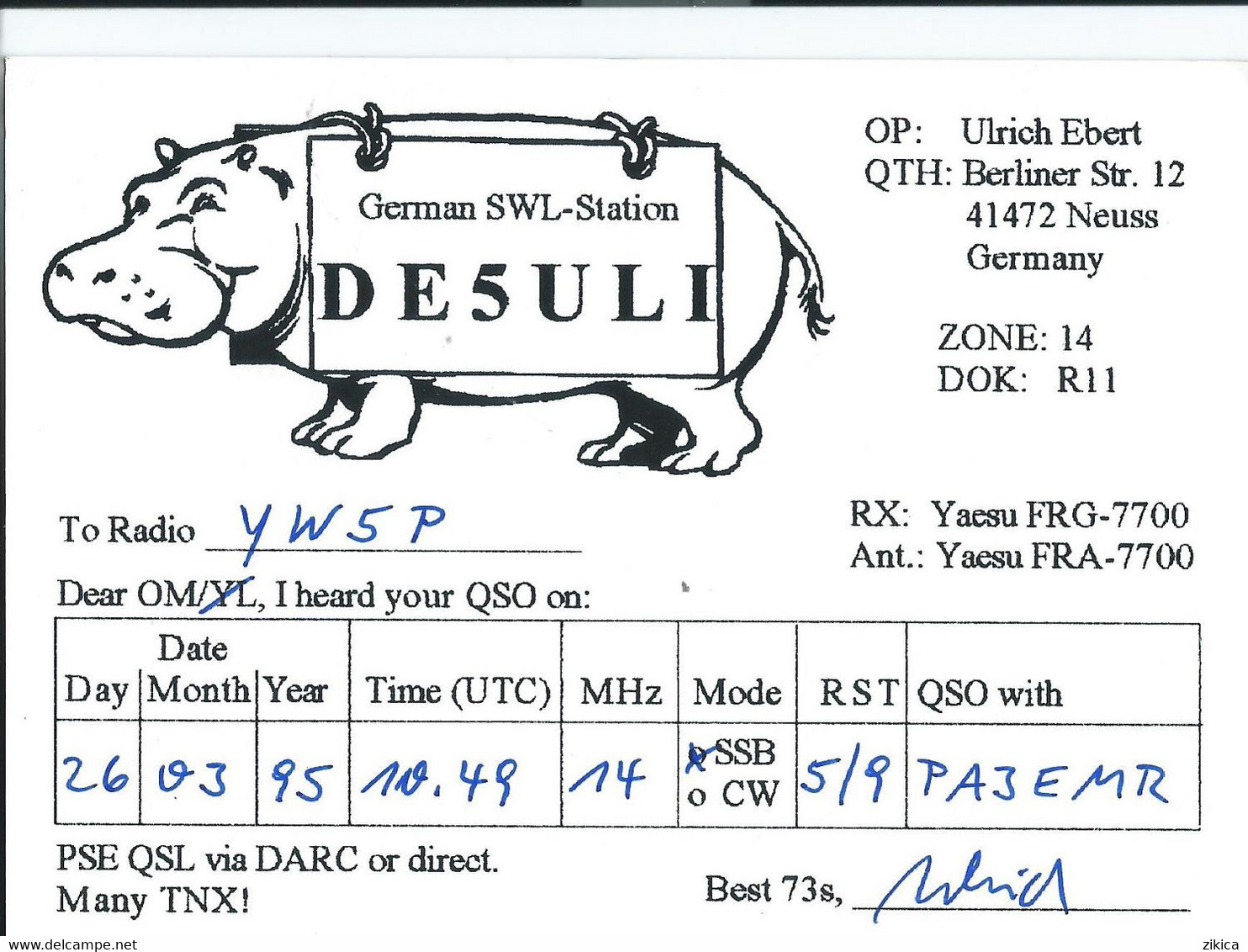 Germany 1995 QSL Cards - Radio Amateur - Neuss,Hippo,hippopotamus - Radio Amateur