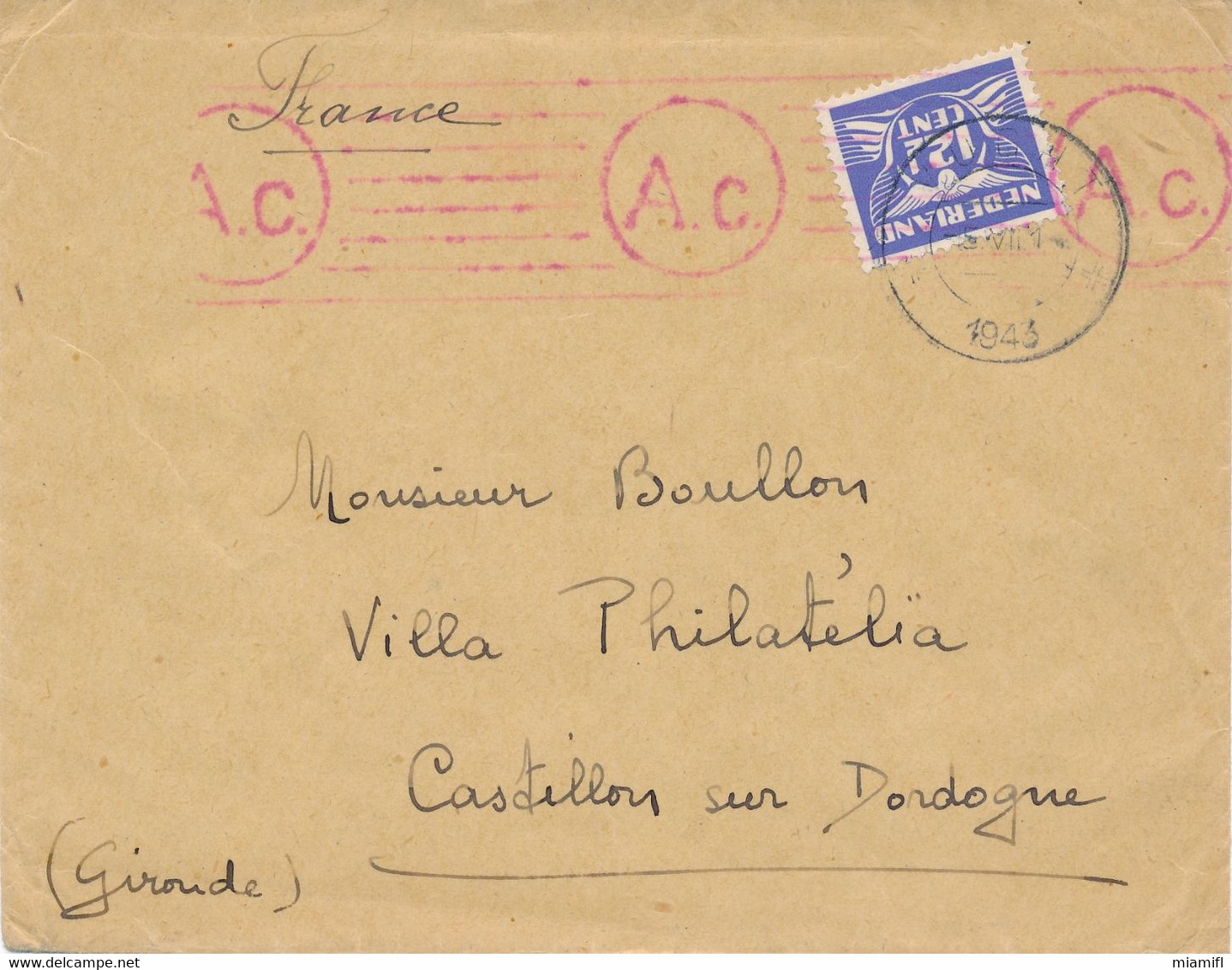 Lettre Des Pays Bas  Pour La France, 1943, Censure Allemande (CENC 46) - Seconda Guerra Mondiale