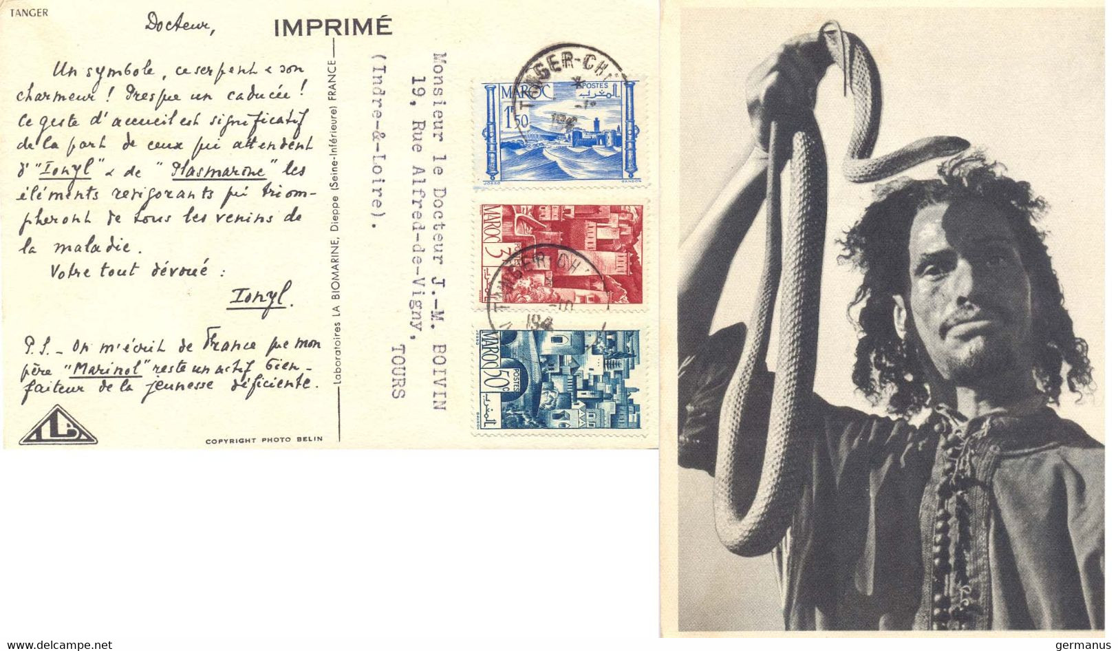 MAROC CARTE PUB IONYL Un Symbole, Ce Serpent Et Son Charmeur ! TàD TANGER-CHERIFIEN De 1949 - Covers & Documents