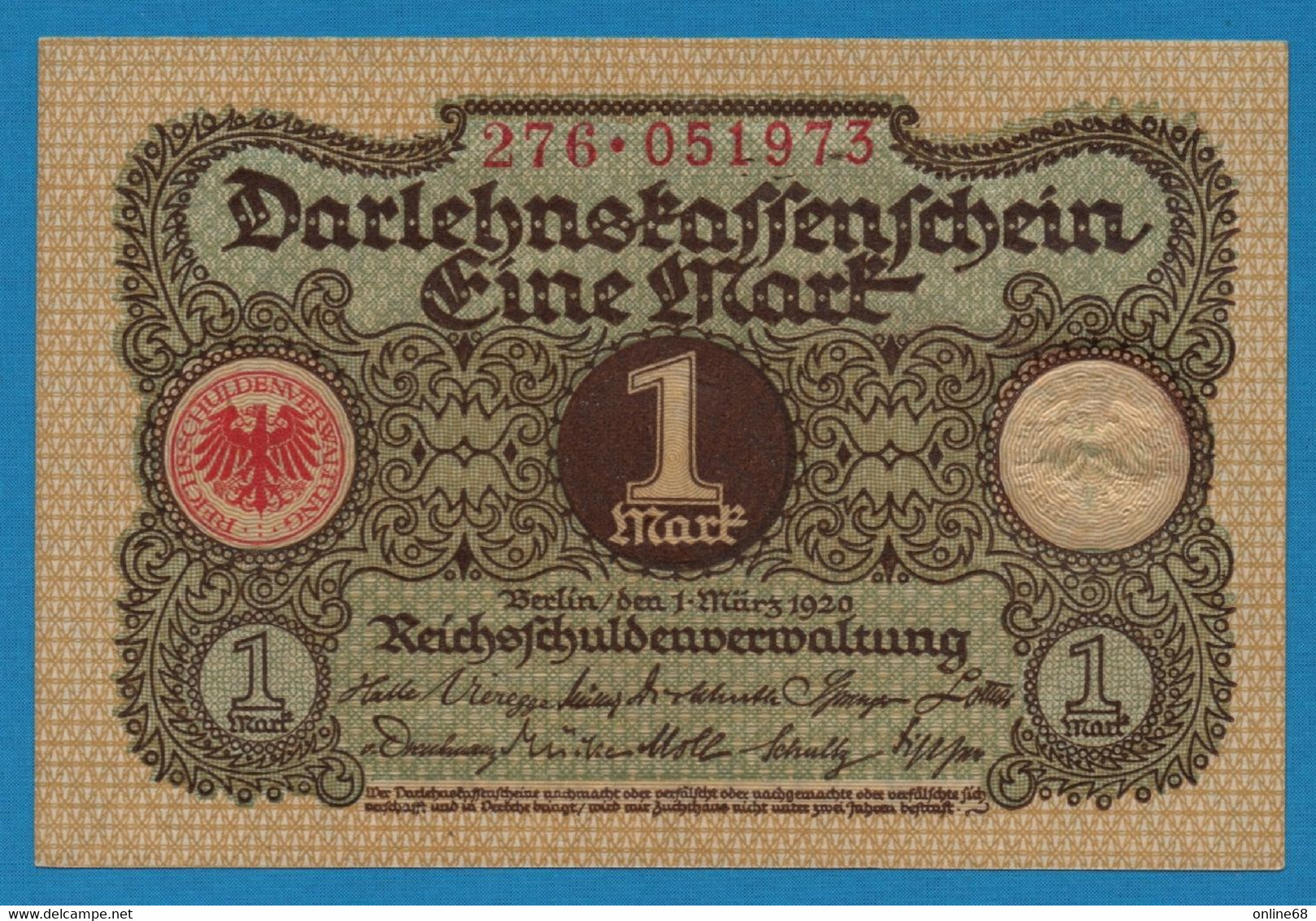 DEUTSCHES REICH 1 MARK 01.03.1920  # 276.051973 P# 58  DARLEHENSKASSENSCHEIN - Reichsschuldenverwaltung