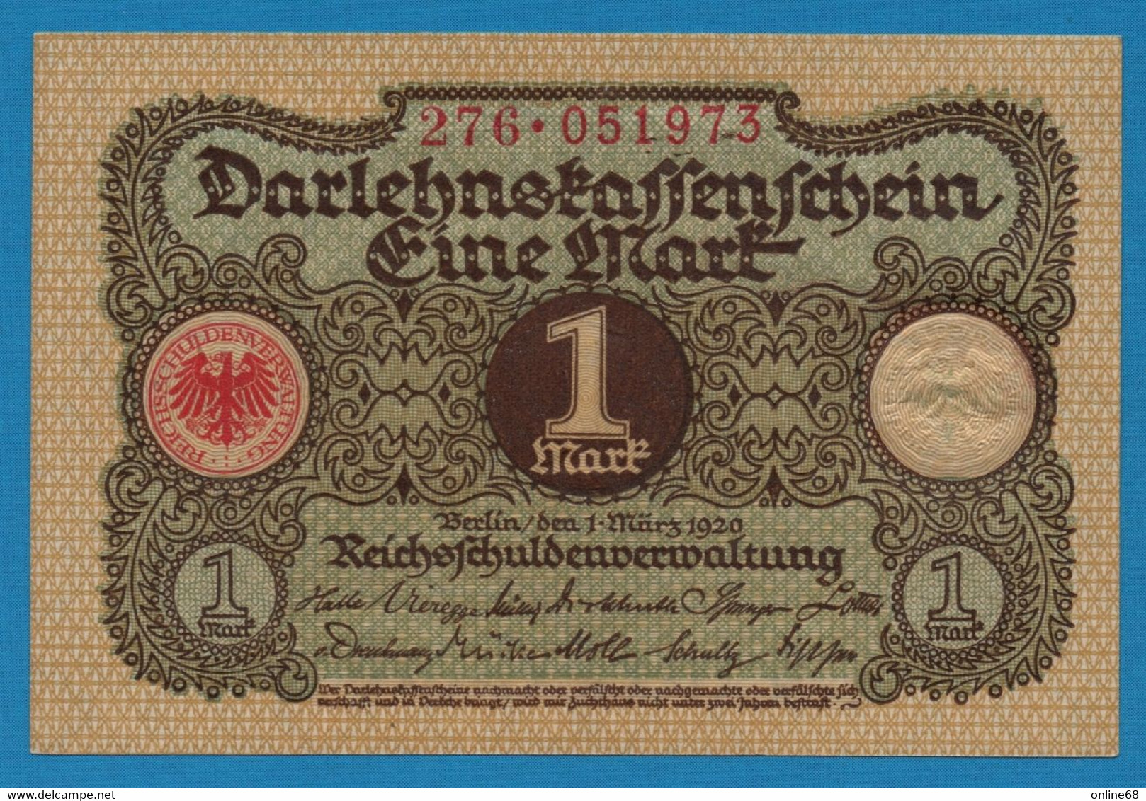 DEUTSCHES REICH 1 MARK 01.03.1920  # 276.051973 P# 58  DARLEHENSKASSENSCHEIN - Administration De La Dette