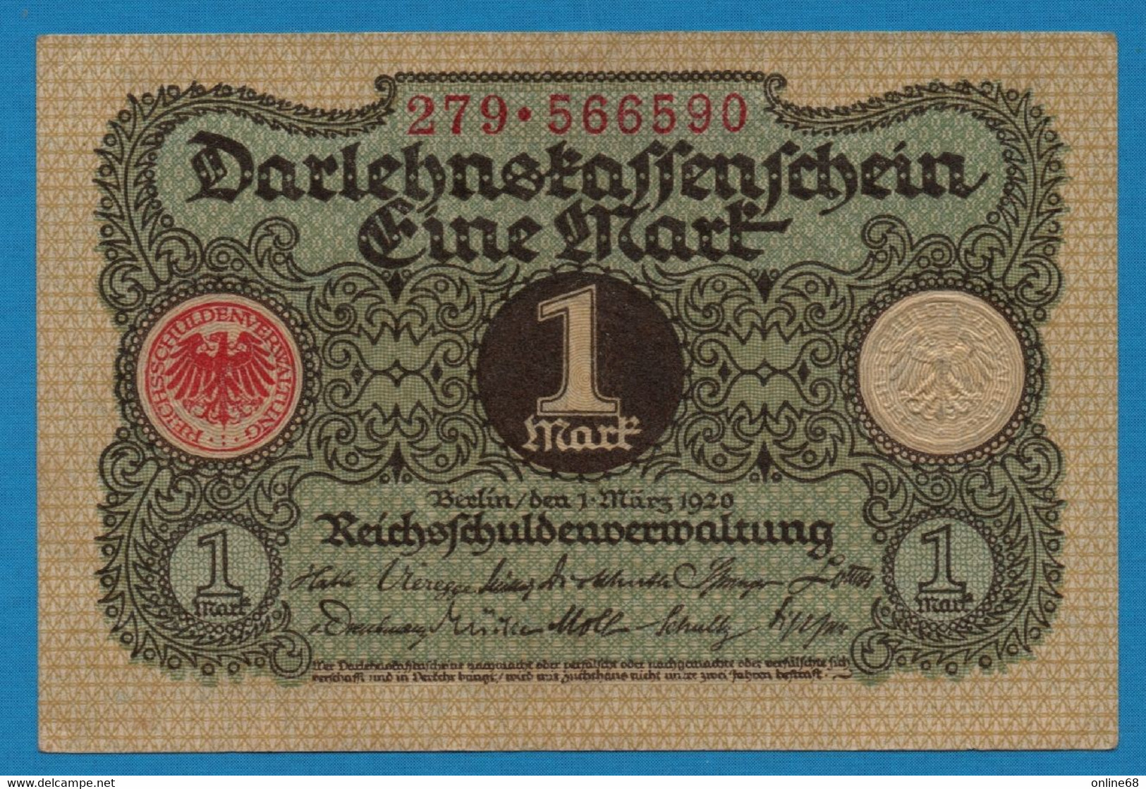 DEUTSCHES REICH 1 MARK 01.03.1920  # 279.566590 P# 58  DARLEHENSKASSENSCHEIN - Administración De La Deuda