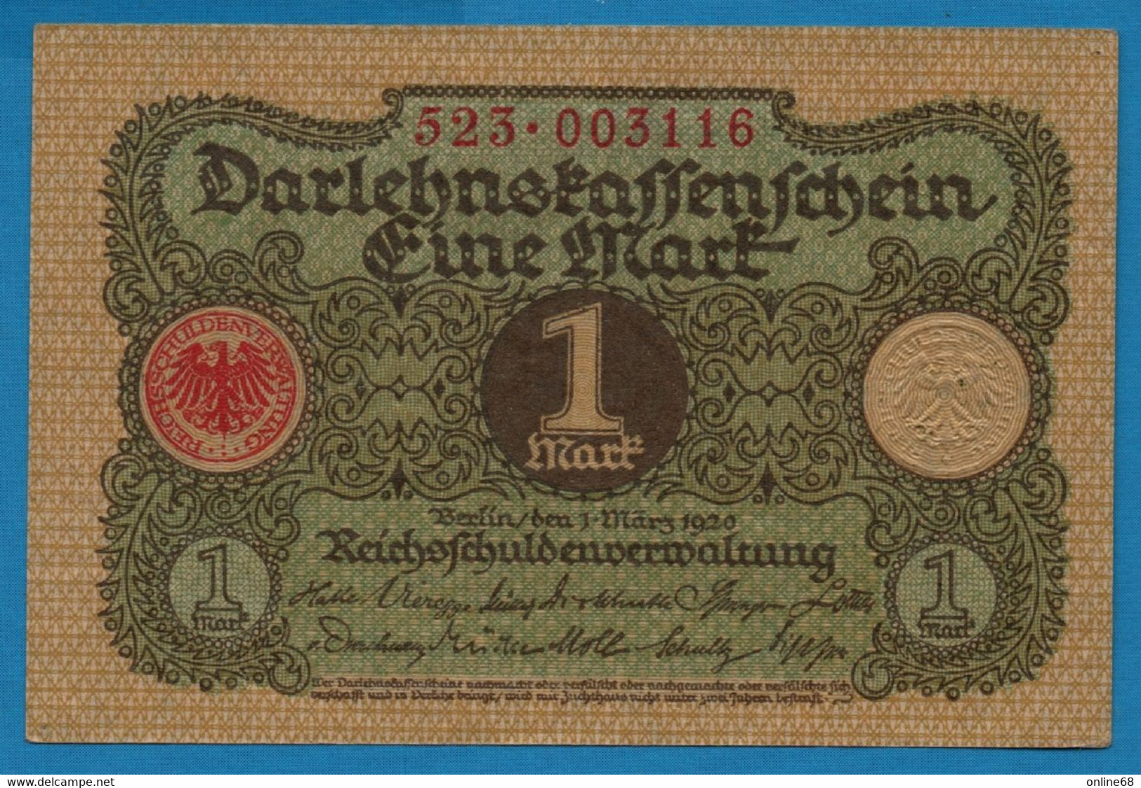 DEUTSCHES REICH 1 MARK 01.03.1920  # 523.003116 P# 58  DARLEHENSKASSENSCHEIN - Bestuur Voor Schulden