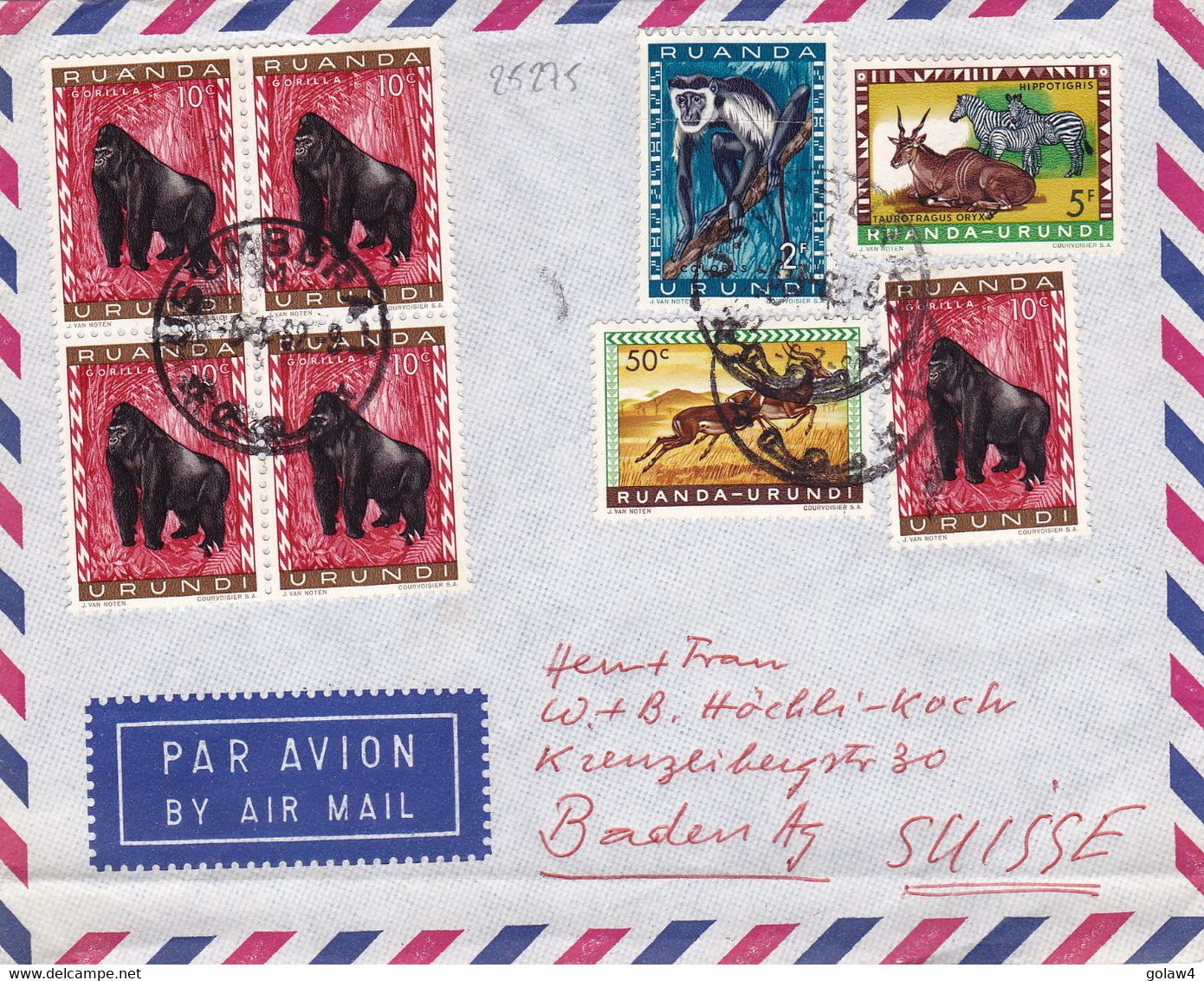 25275# FAUNE GORILLE IMPALA COLOBE ELAN ZEBRE LETTRE PAR AVION Obl USUMBURA 1962 RUANDA URUNDI SUISSE - Covers & Documents