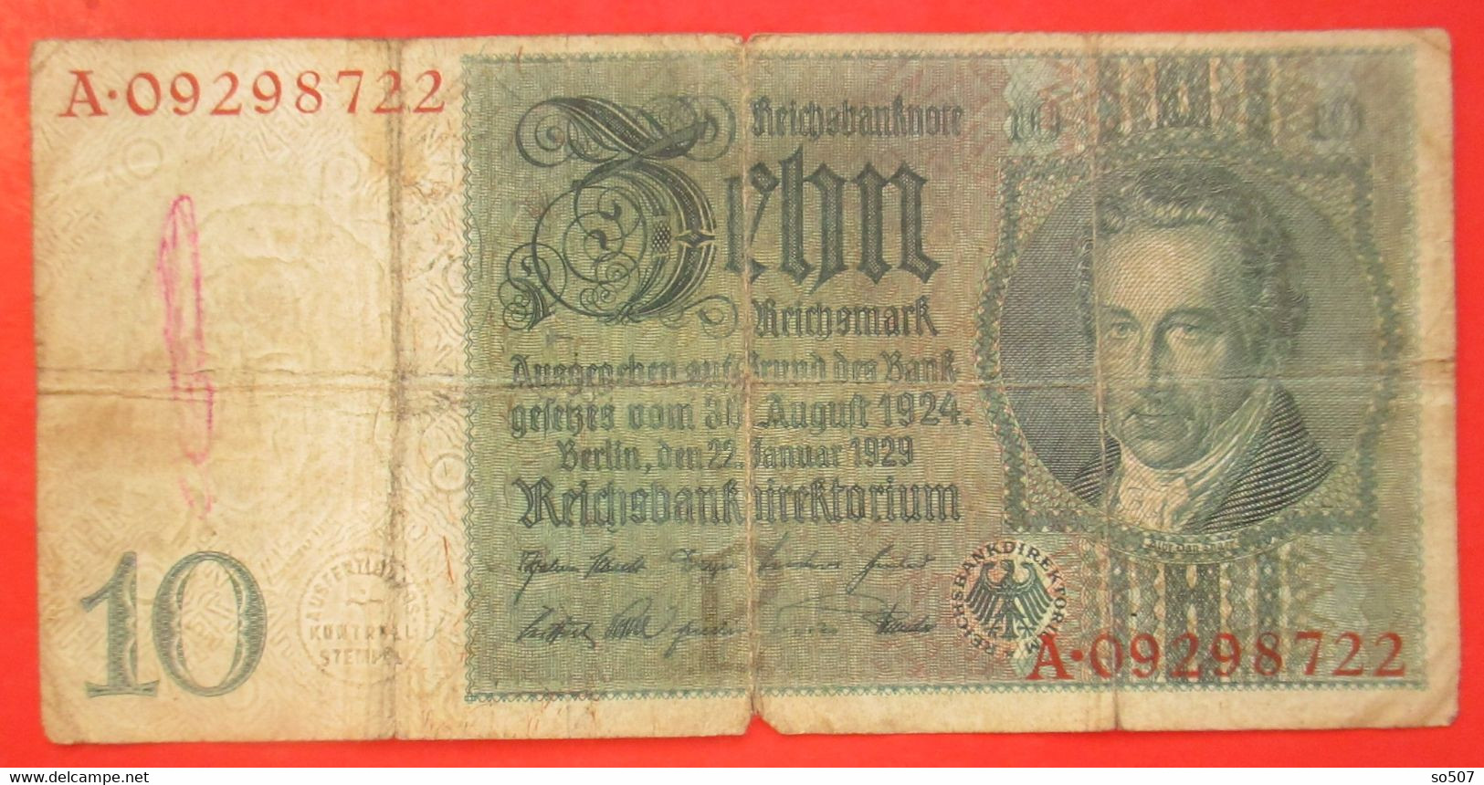 X1- 10 Mark, Reichsmark 1924.- 1929. Deutsches Reich, Germany- Ten Marks, Circulated Banknote - 10 Mark