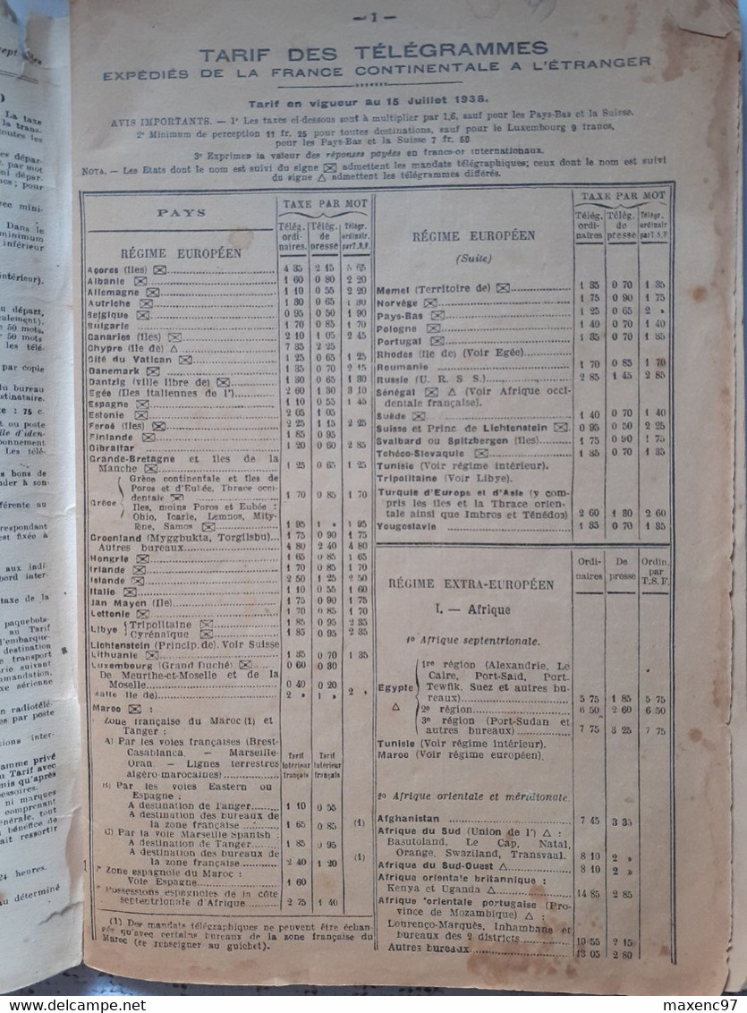 Indicateur Des Télégraphes 1939 - Postadministraties