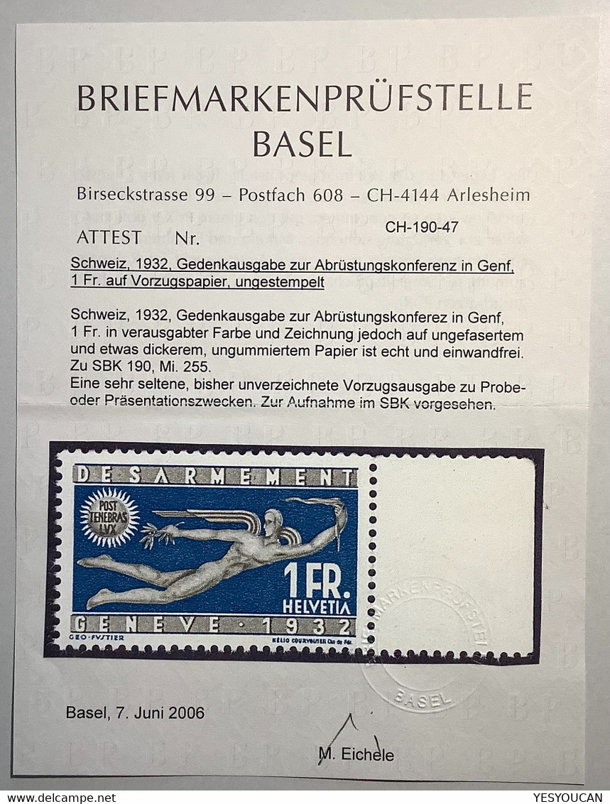 RARITÄT: 1932 Abrüstungskonferenz 1 Fr Probedruck #190P(Schweiz WW2 War 1939-45 Guerre SDN Conférence Désarmement Genéve - Unused Stamps