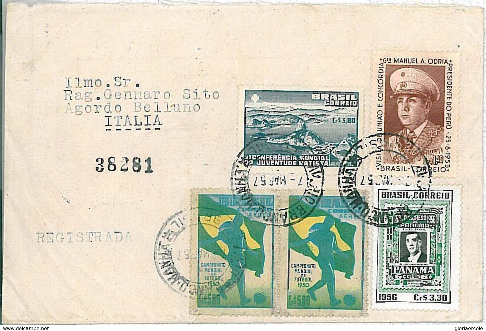 23984  - BRAZIL  - Postal History - Registered COVER To Italy 1957 -  FOOTBALL World Cup   1950 - 1950 – Brasil