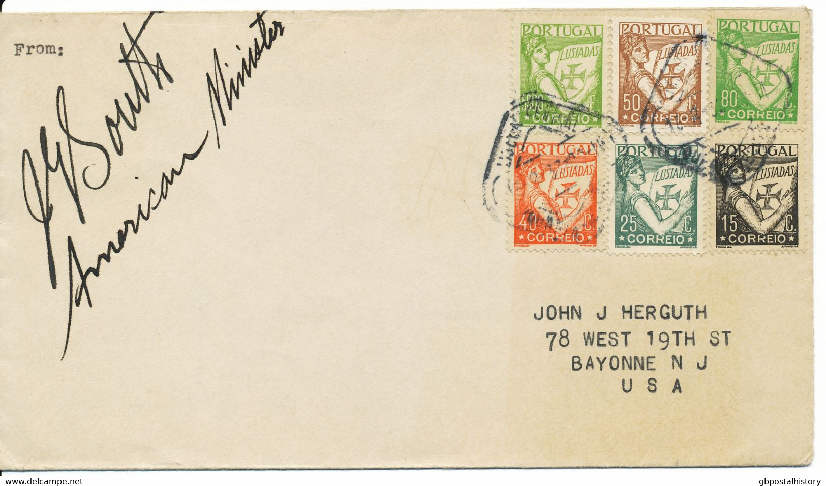PORTUGAL 1933 Lusiaden Six-color Franking On Cover To USA W AUTOGRAPH, VARIETY - Storia Postale