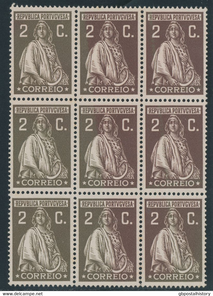 PORTUGAL 1926, Ceres 2 C. Dark Brown Unused Block Of 9 (no Gum), MAJOR VARIETIES - Nuovi