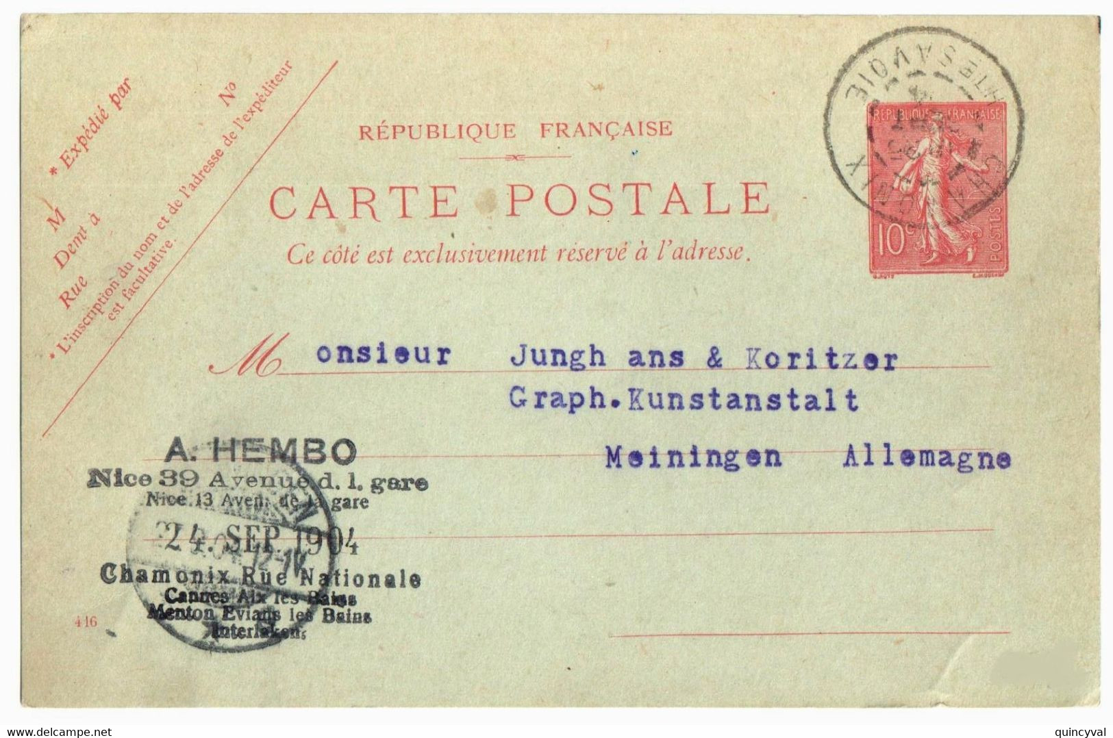 CHAMONIX Haute Savoie Carte Postale Entier 10c Semeuse Lignée Yv 129-CP1 Mill 416 Ob 1904 Dest Allemagne Meiningen - Cartes Postales Types Et TSC (avant 1995)