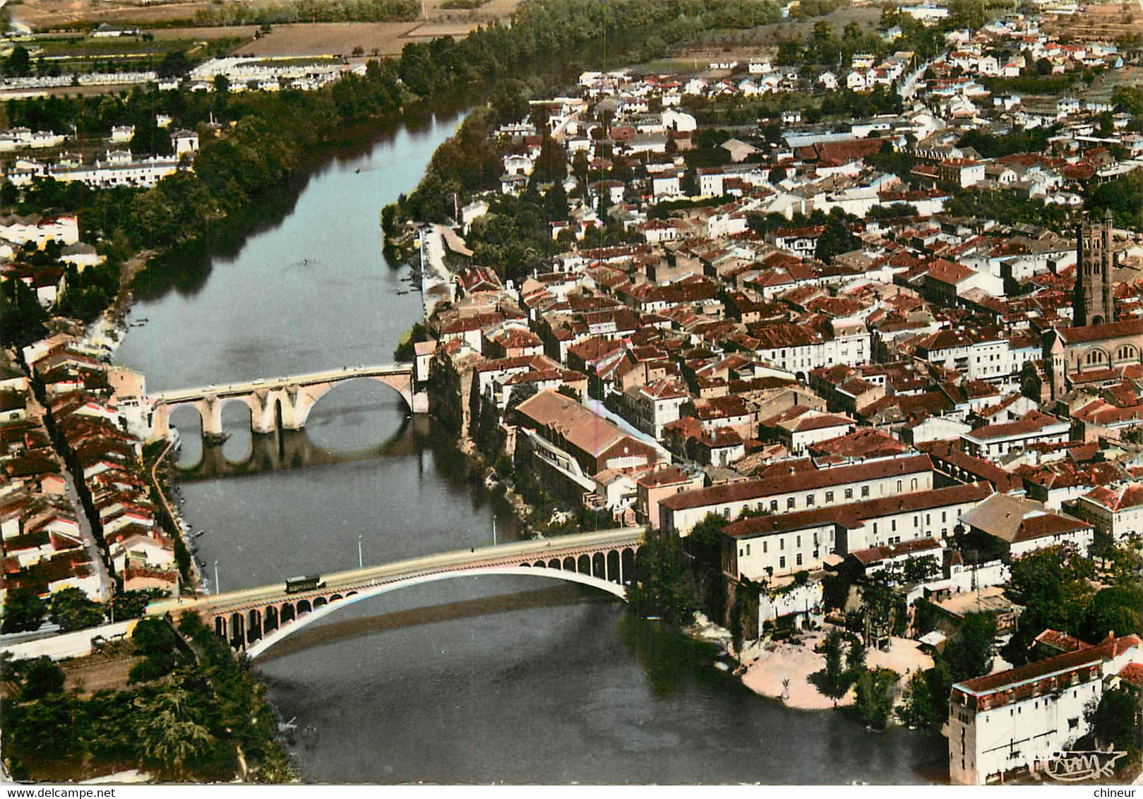 VILLENEUVE SUR LOT VUE AERIENNE SUR LE PONT VIEUX ET PONT NEUF - Villeneuve Sur Lot