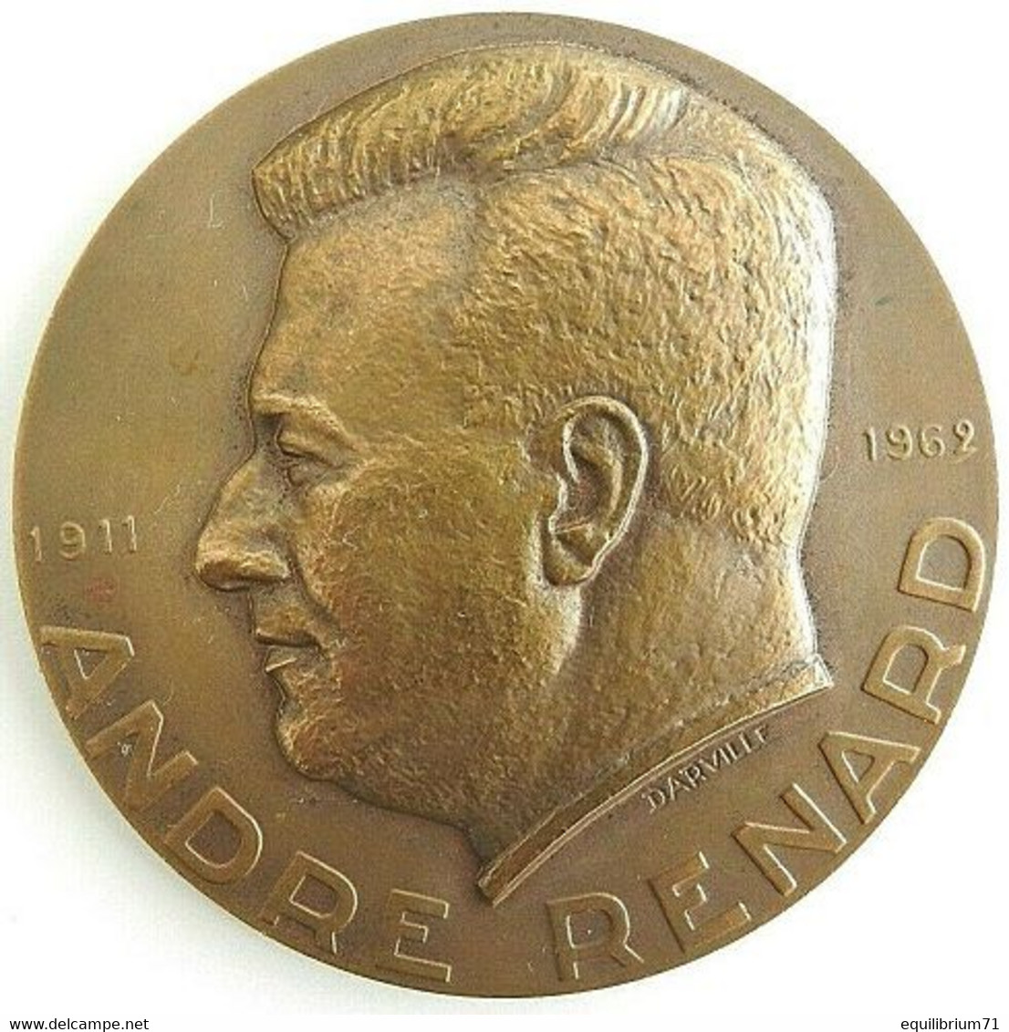 Médaille De Table En Laiton - Finition: Bronze Patiné - André Renard (Ø70mm) - Création : Alphonse Darville (Belgique) - Autres & Non Classés