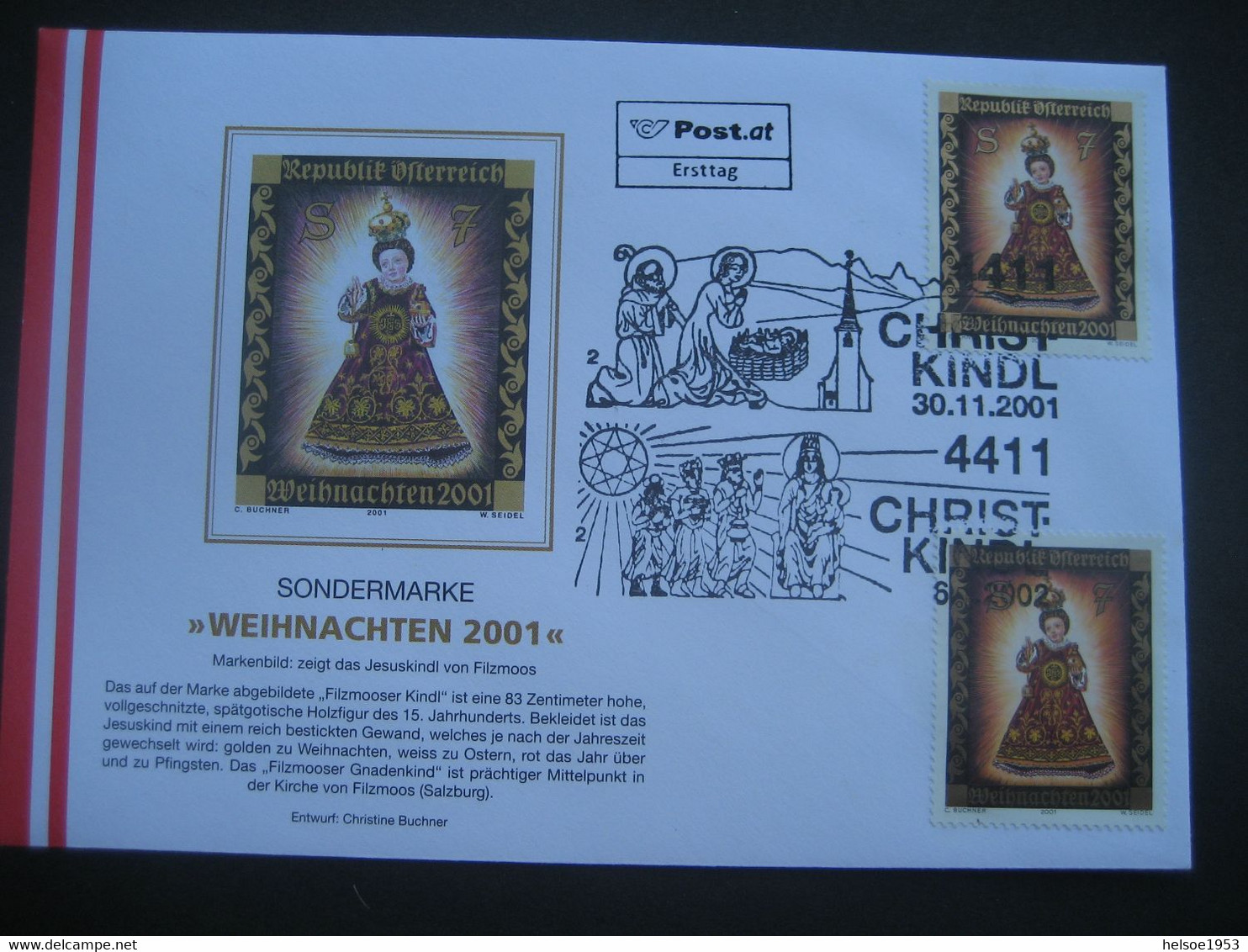 Österreich- Christkindl 30.11.2001, FDC Schmuck-Brief Mit Sonderstempel Und Dreikönigstempel 6.1.2002 - Briefe U. Dokumente