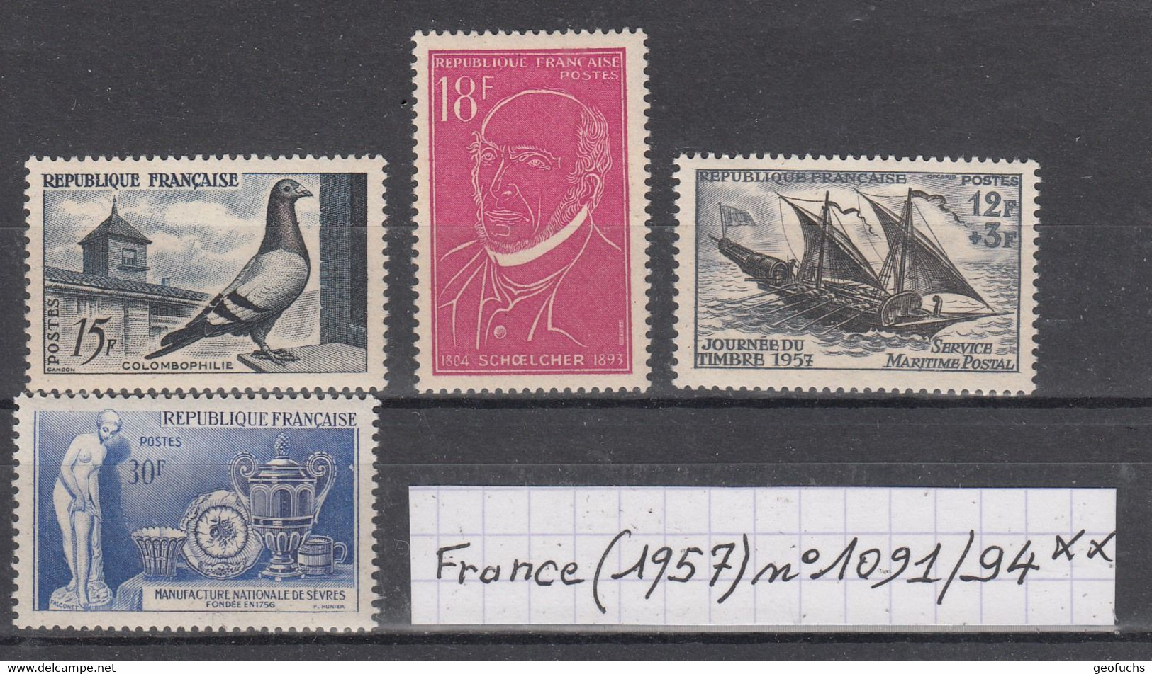 France (1957) Colombophilie N°1091+ V. Schoelcher N°1092+ Journée Du Timbre N° 1093+ Manufacture Sèvres N° 1094 Neufs ** - Neufs