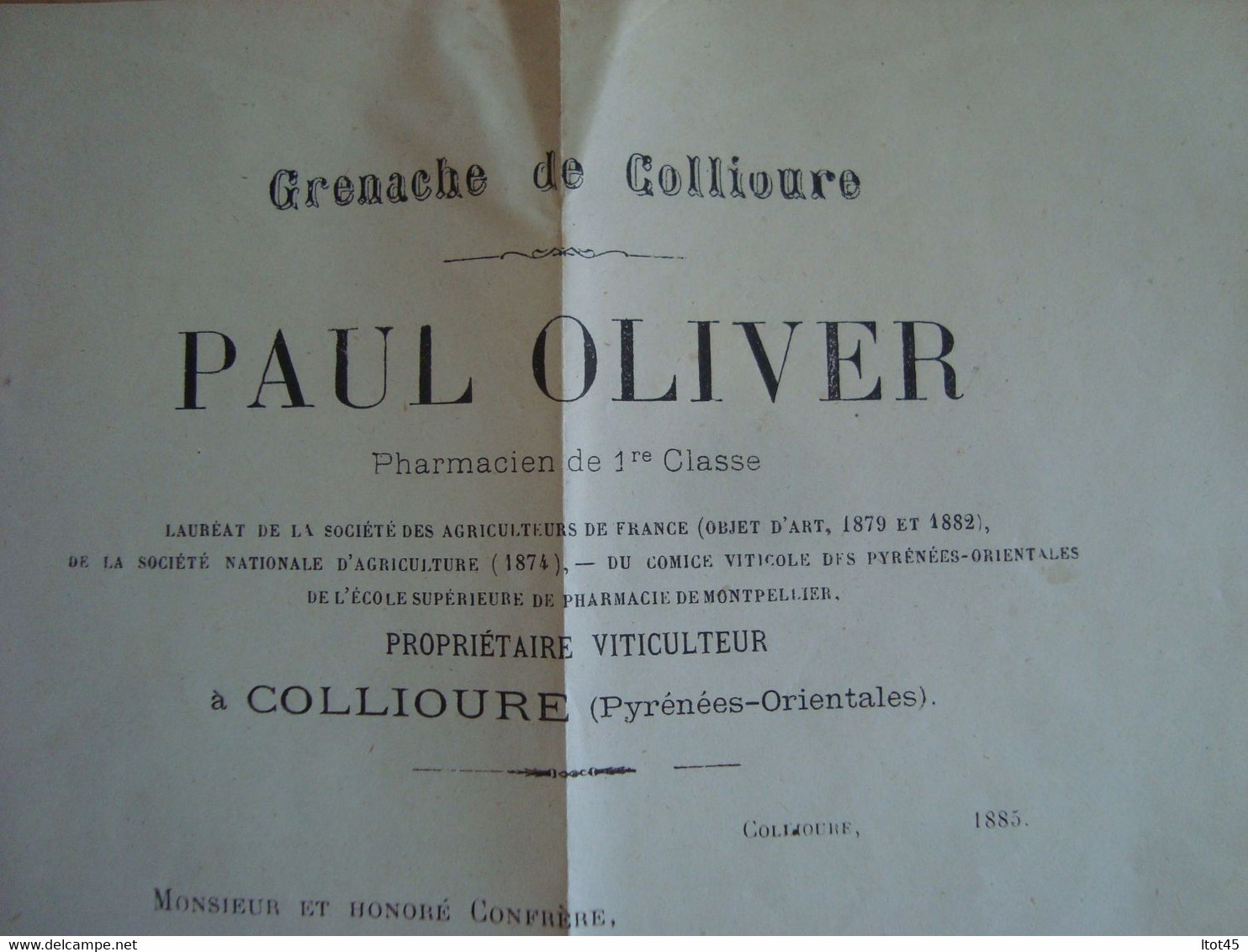 DOCUMENT + ENVOI PAUL OLIVIER GRENACHE DE COLLIOURE - 1877-1920: Semi Modern Period