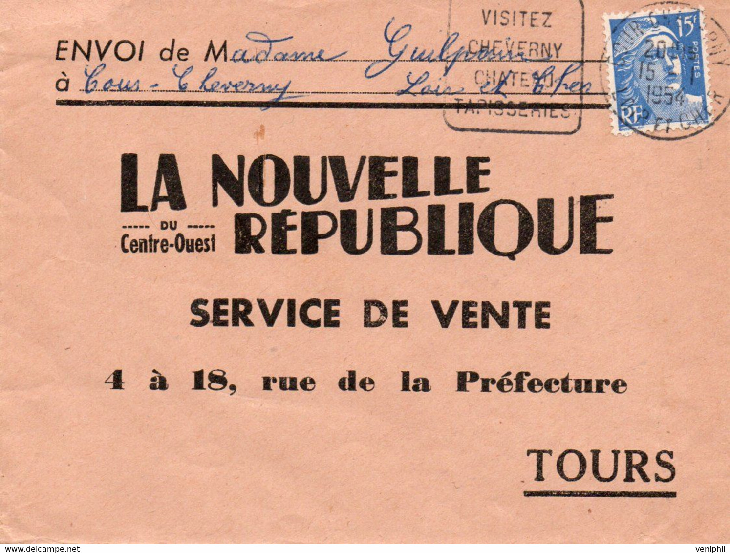 LETTRE AFFRANCHIE N° 886 -OBLITERATION DAGUIN -  VISITEZ CHEVERNY CHATEAU TAPISSERIES -CAD COUR-CHEVERNY -1954 - Mechanical Postmarks (Other)