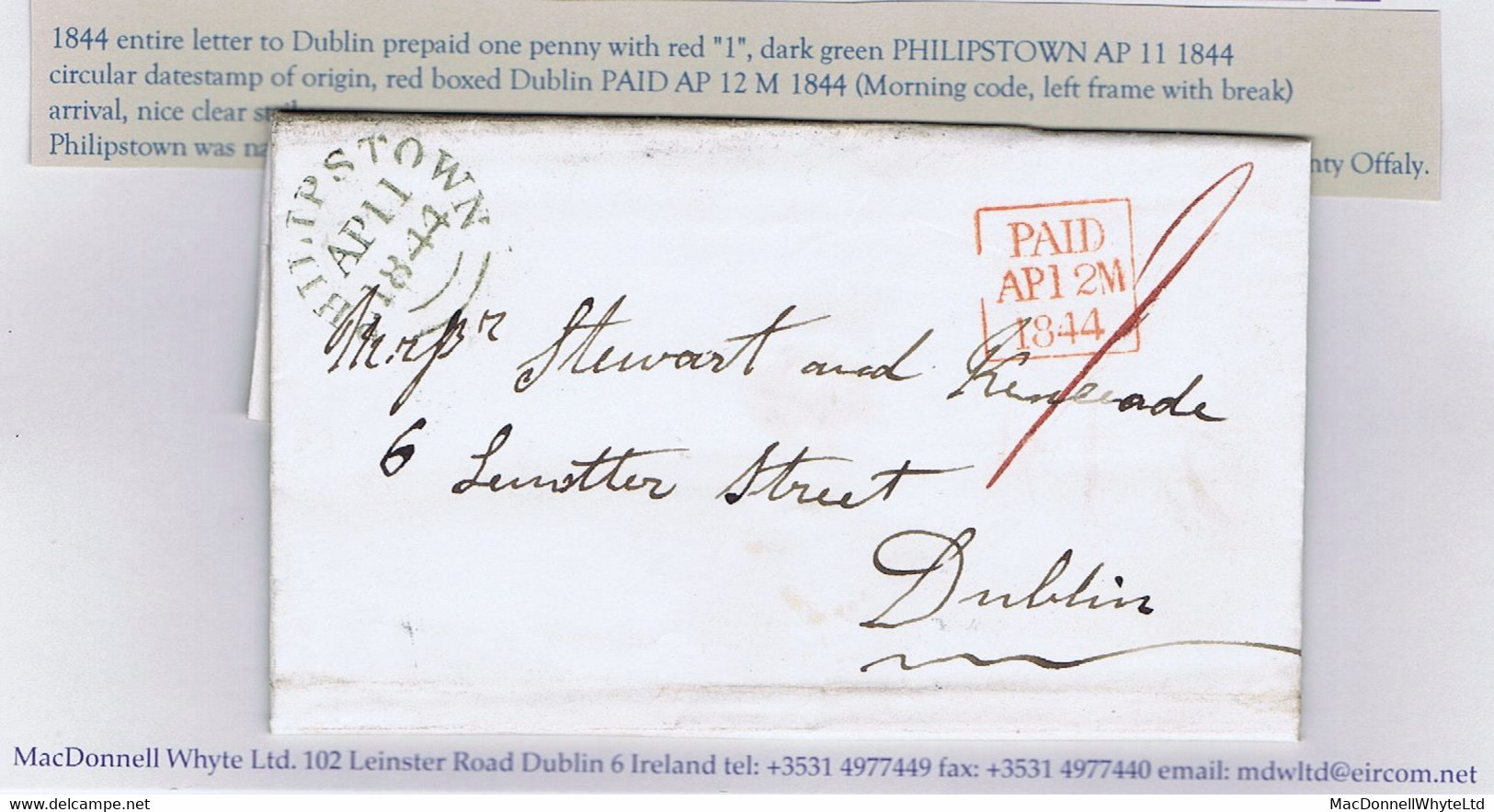 Ireland Offaly Dublin 1844 Letter With Green PHILIPSTOWN AP 11 1844 Paid "1", Red Dublin PAID AP 12 1844 Frame Break - Prephilately