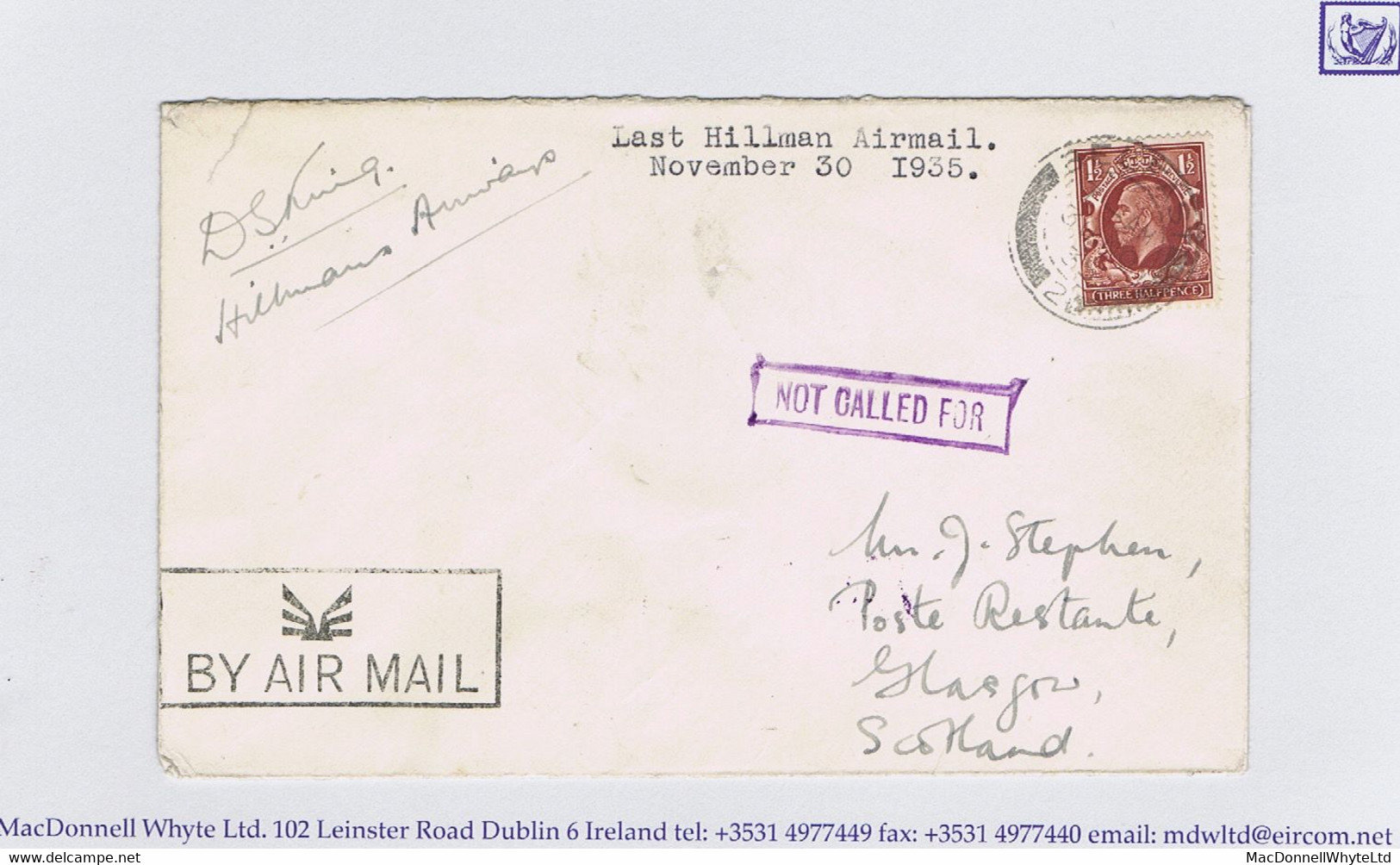 Ireland Airmail 1935 Last Flight Cover BELFAST 30 NO 35 To Glasgow By Hillman Airways, Signed "D. S. King" - Poste Aérienne