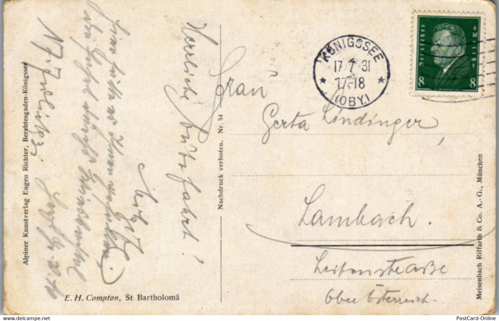 14612 - Künstlerkarte - St. Bartholomäh , Signiert E. H. Compton - Gelaufen 1931 - Compton, E.T.