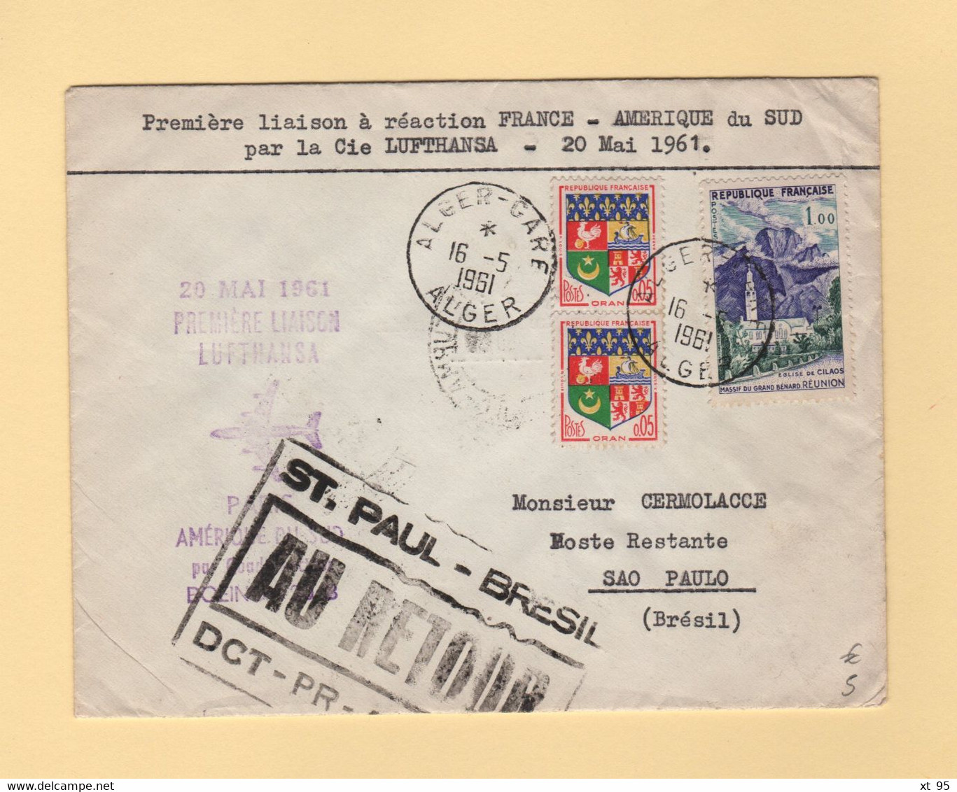 1er Vol - France Amerique Du Sud - 16-5-1961 - Lettre Au Depart D'Algerie - 1960-.... Cartas & Documentos