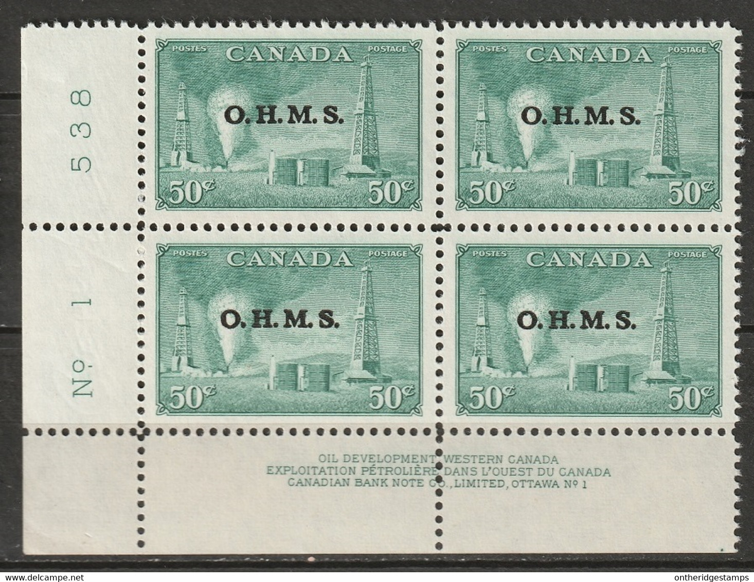 Canada 1950 Sc O11 Mi D16 Yt S13 Official LL Plate 1 Block MNH** - Overprinted