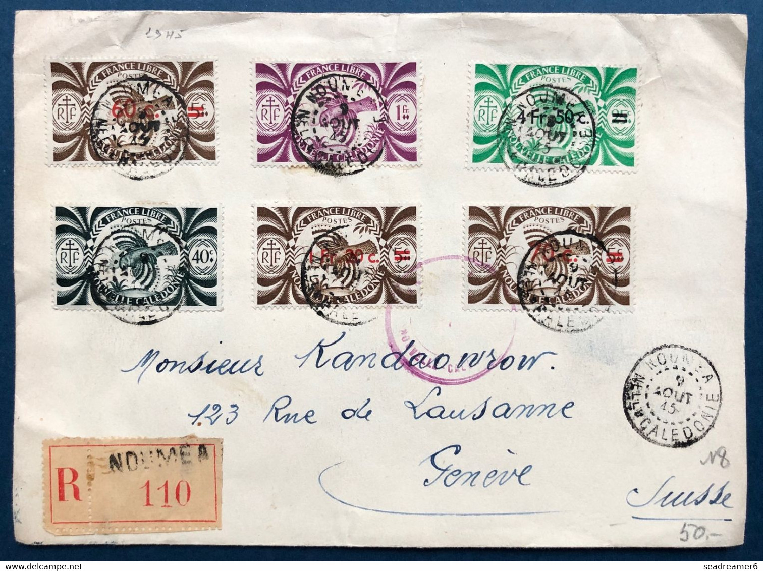 France Colonies Françaises Lettre Recommandée Nelle Caledonie Avec Timbres France Libre Obl De Nouméa Pour Geneve - Storia Postale