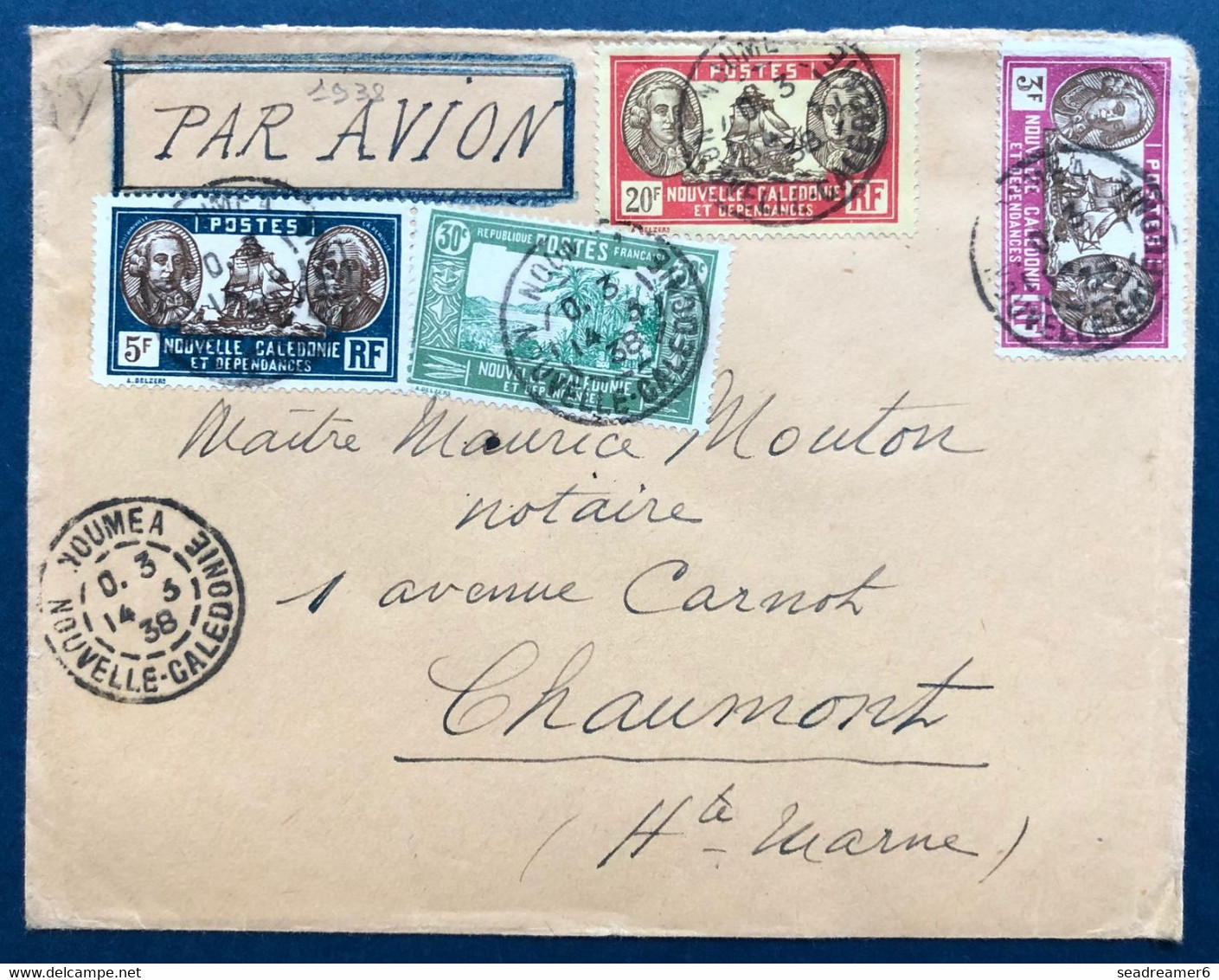 France Colonies Françaises Lettre Nelle Caledonie En 1938 Obl De Nouméa Pour Chaumont En Haute Marne - Covers & Documents