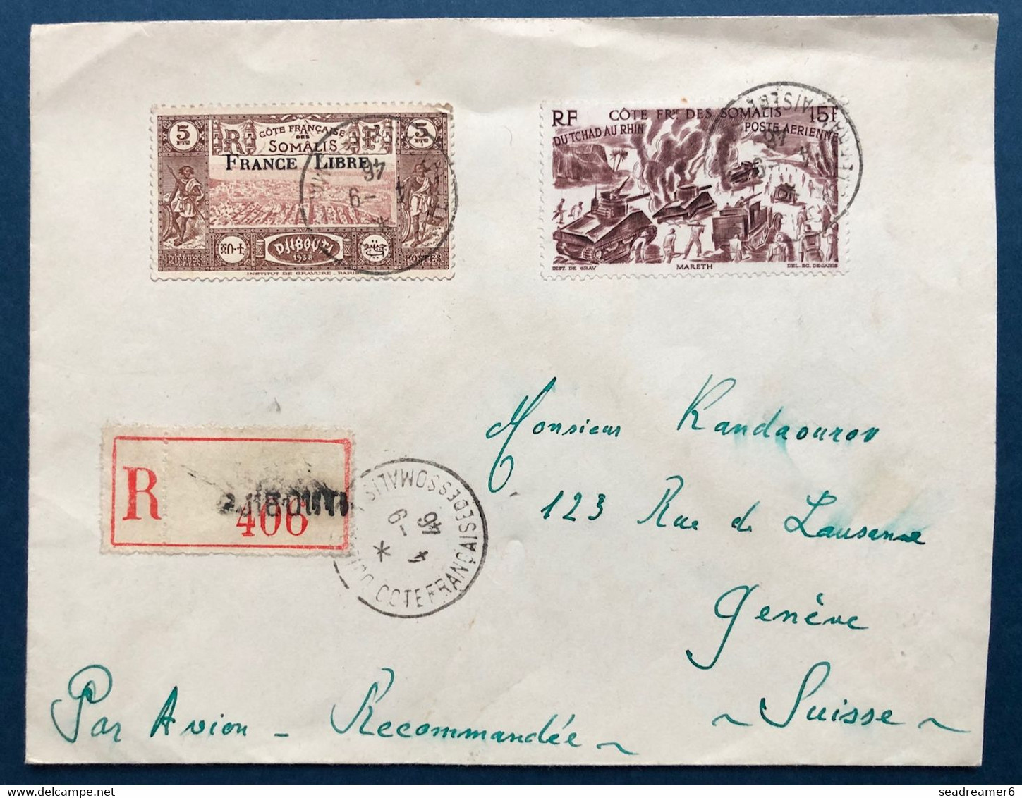 France Colonies Françaises Lettre Recommandée Cote Des Somalis Timbres France Libre + PA Obl Djibouti Pour Geneve - Storia Postale