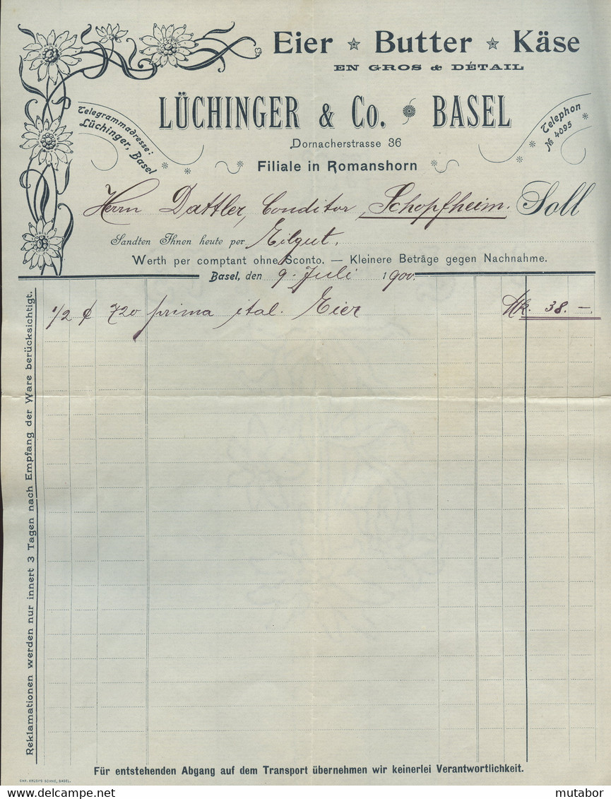 1900 Basel,Lüchinger & Co,Eier,Butter ,Käse Rechnung - Switzerland