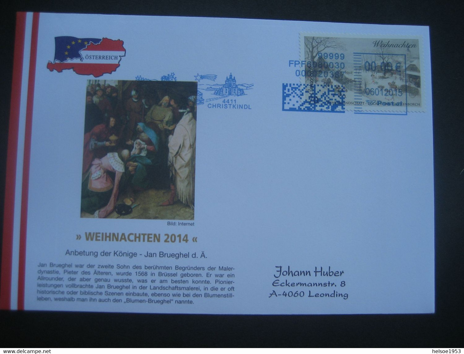 Österreich- Christkindl 06.01.2015, Schmuck-Beleg Mit Maschinenwerbestempel - Lettres & Documents